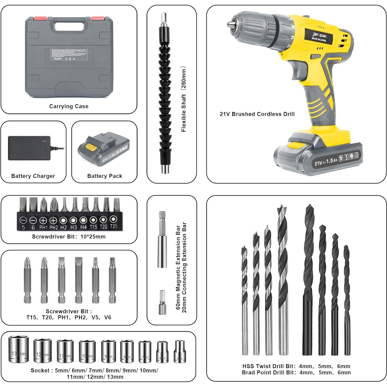 Taladro Inalámbrico Jar-Owl 21V con 37 Piezas y LED