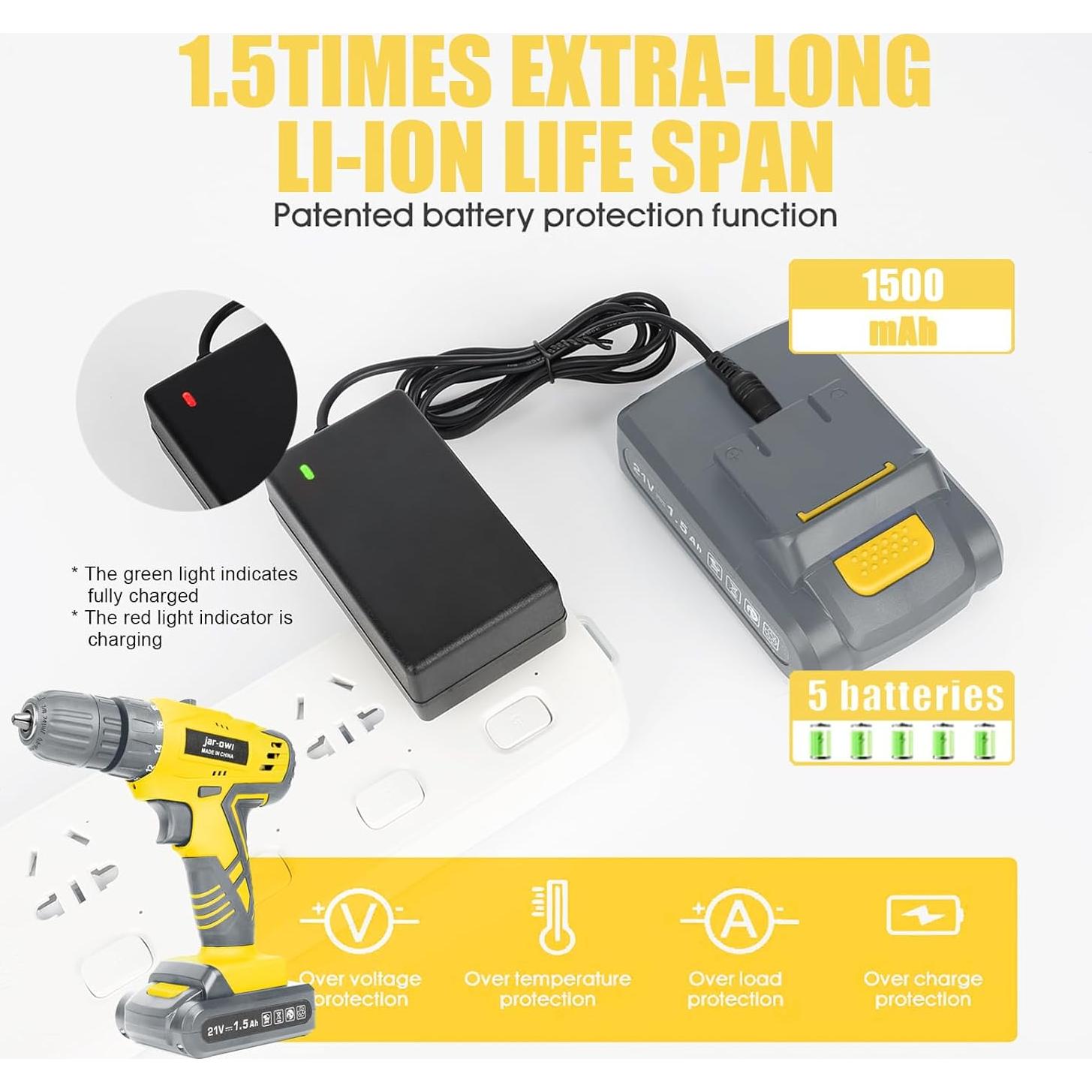 Taladro Inalámbrico Jar-Owl 21V con 37 Piezas y LED