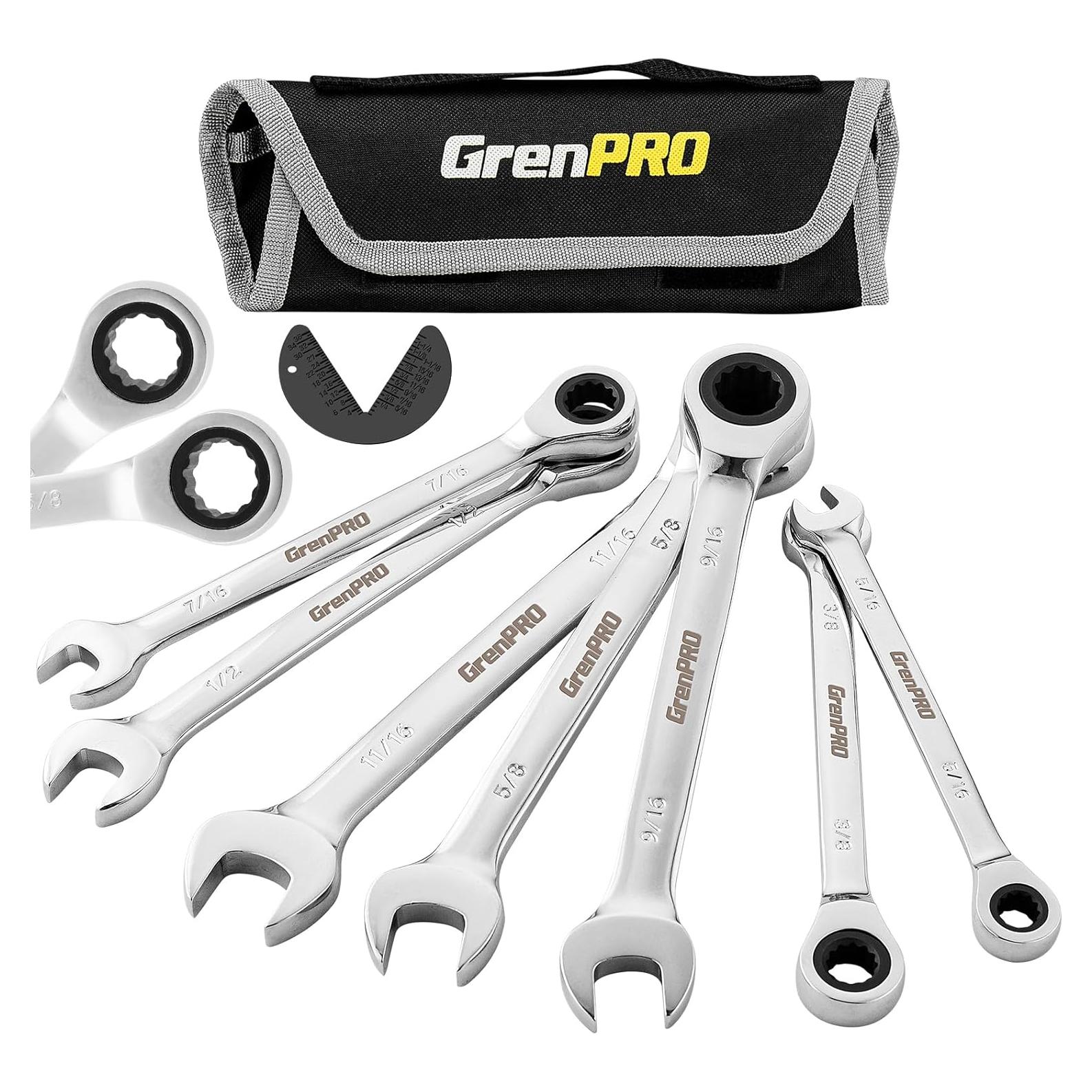 8 Piece Ratcheting Wrench Set, Combination Wrenches Set, SAE Wrench Sets 5/16"-11/16", Open End Large Wrench Tool Set With Roll Up Pouch Include 1 Gauge, 72 Tooth CR-V Mechanics Hand Tools