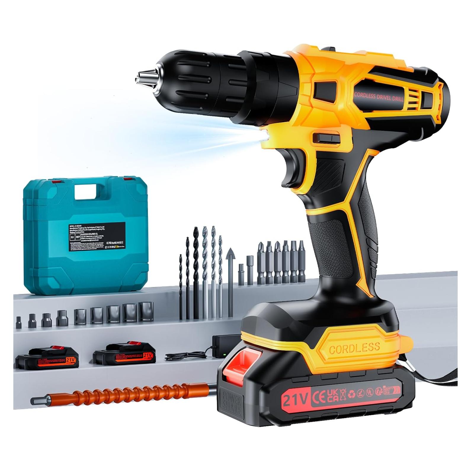 Cordless Drill with 2 Batteries and Charger, 21V Electric Drill Cordless, Portable Power drill Set, 3/8" Keyless Chuck, 2 Variable Speed, 25+ 3 Clutch, 398 In-lb Max Torque