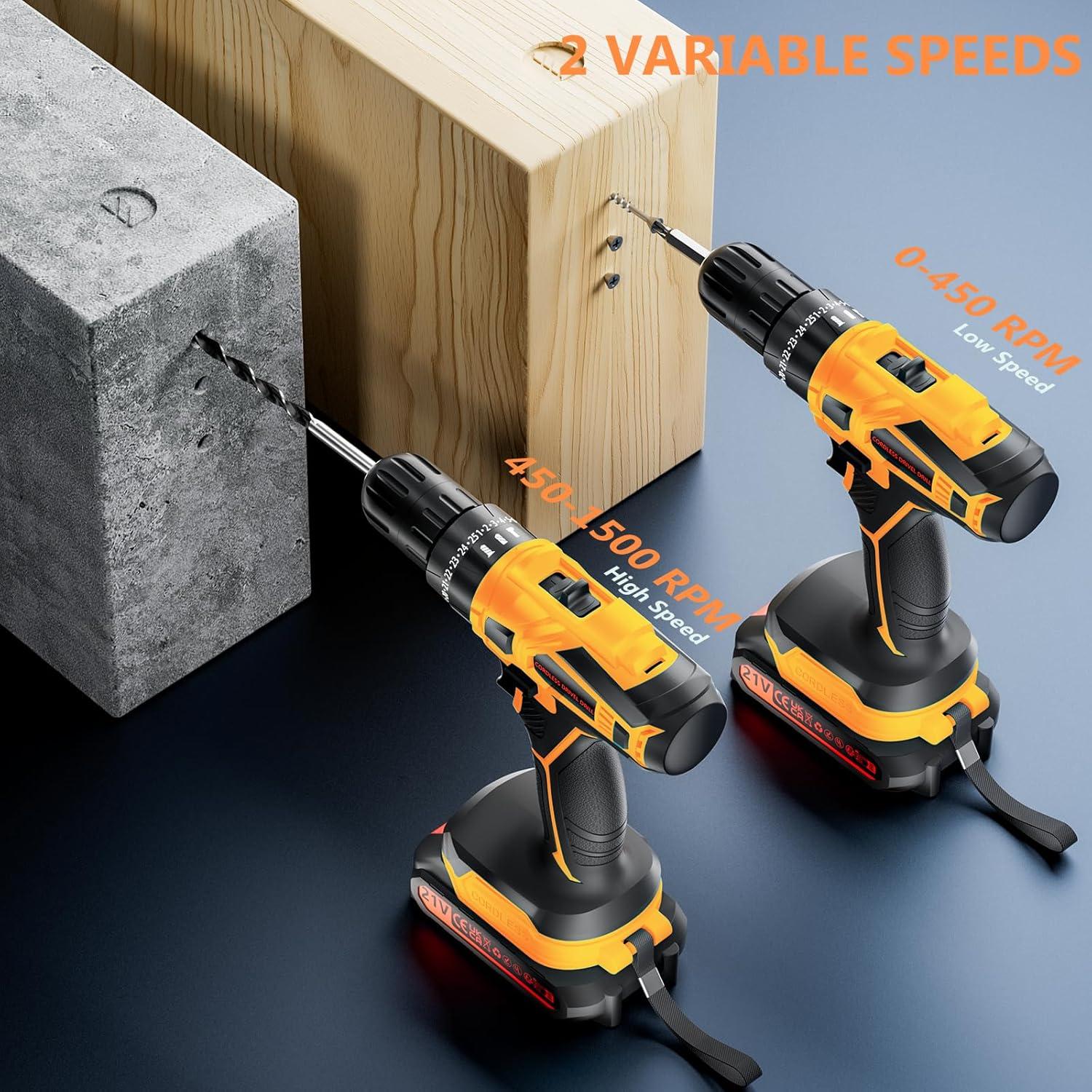 Cordless Drill with 2 Batteries and Charger, 21V Electric Drill Cordless, Portable Power drill Set, 3/8" Keyless Chuck, 2 Variable Speed, 25+ 3 Clutch, 398 In-lb Max Torque