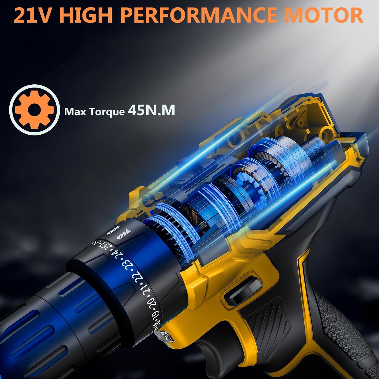 Cordless Drill with 2 Batteries and Charger, 21V Electric Drill Cordless, Portable Power drill Set, 3/8" Keyless Chuck, 2 Variable Speed, 25+ 3 Clutch, 398 In-lb Max Torque