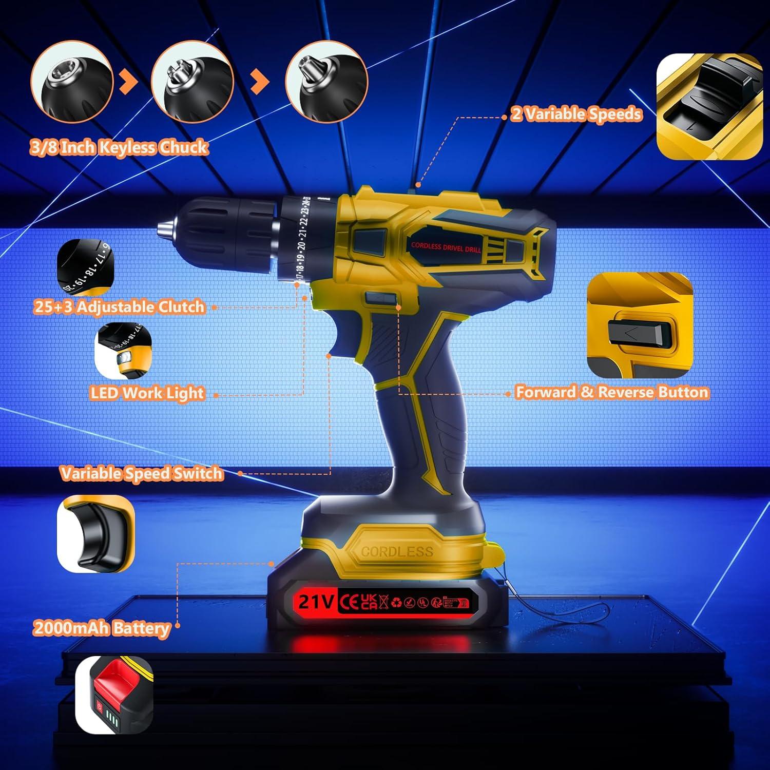 Cordless Drill with 2 Batteries and Charger, 21V Electric Drill Cordless, Portable Power drill Set, 3/8" Keyless Chuck, 2 Variable Speed, 25+ 3 Clutch, 398 In-lb Max Torque