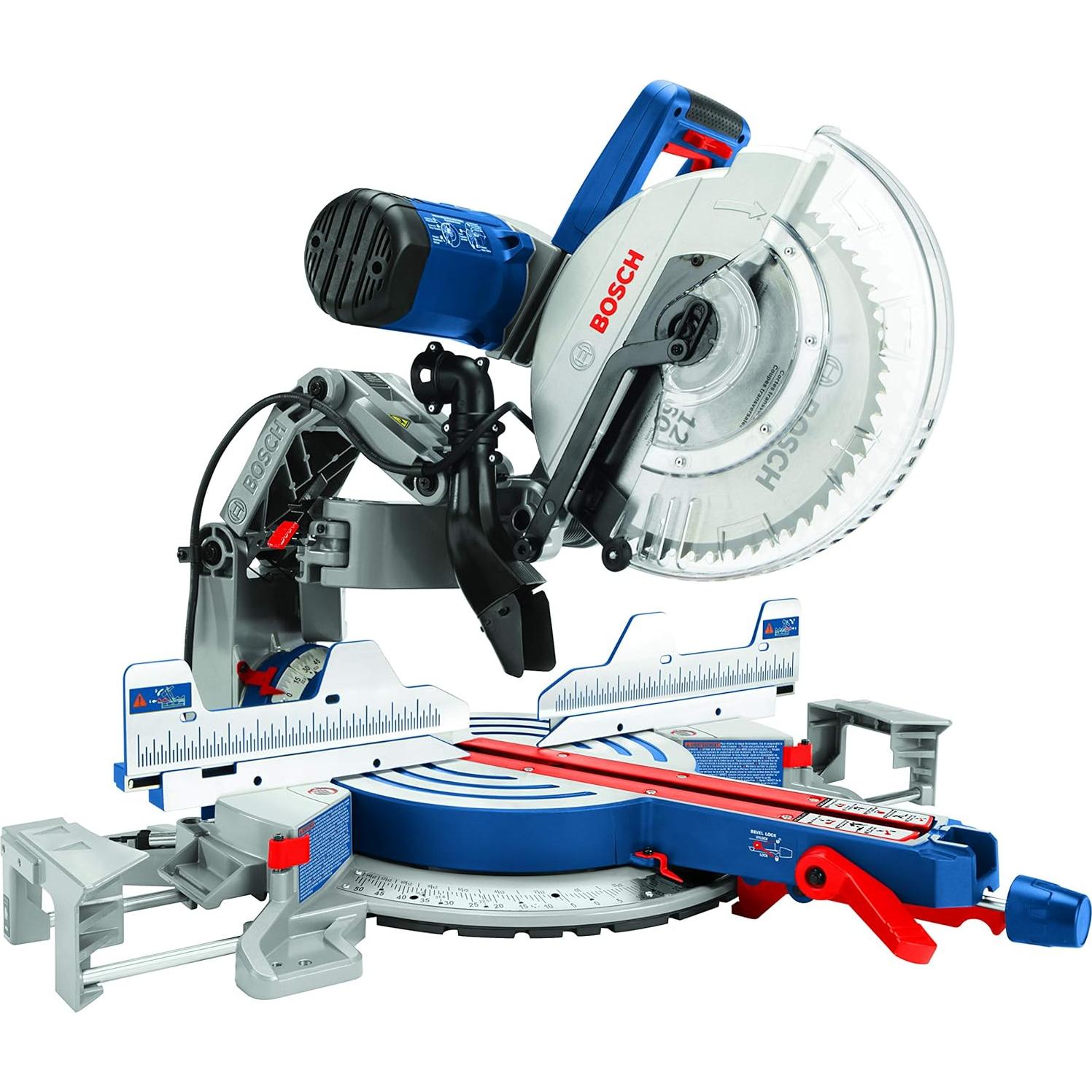 BOSCH GCM12SD 15 Amp 12 Inch Corded Dual-Bevel Sliding Glide Miter Saw with 60 Tooth Saw Blade & MS1234 Miter Saw Length Stop