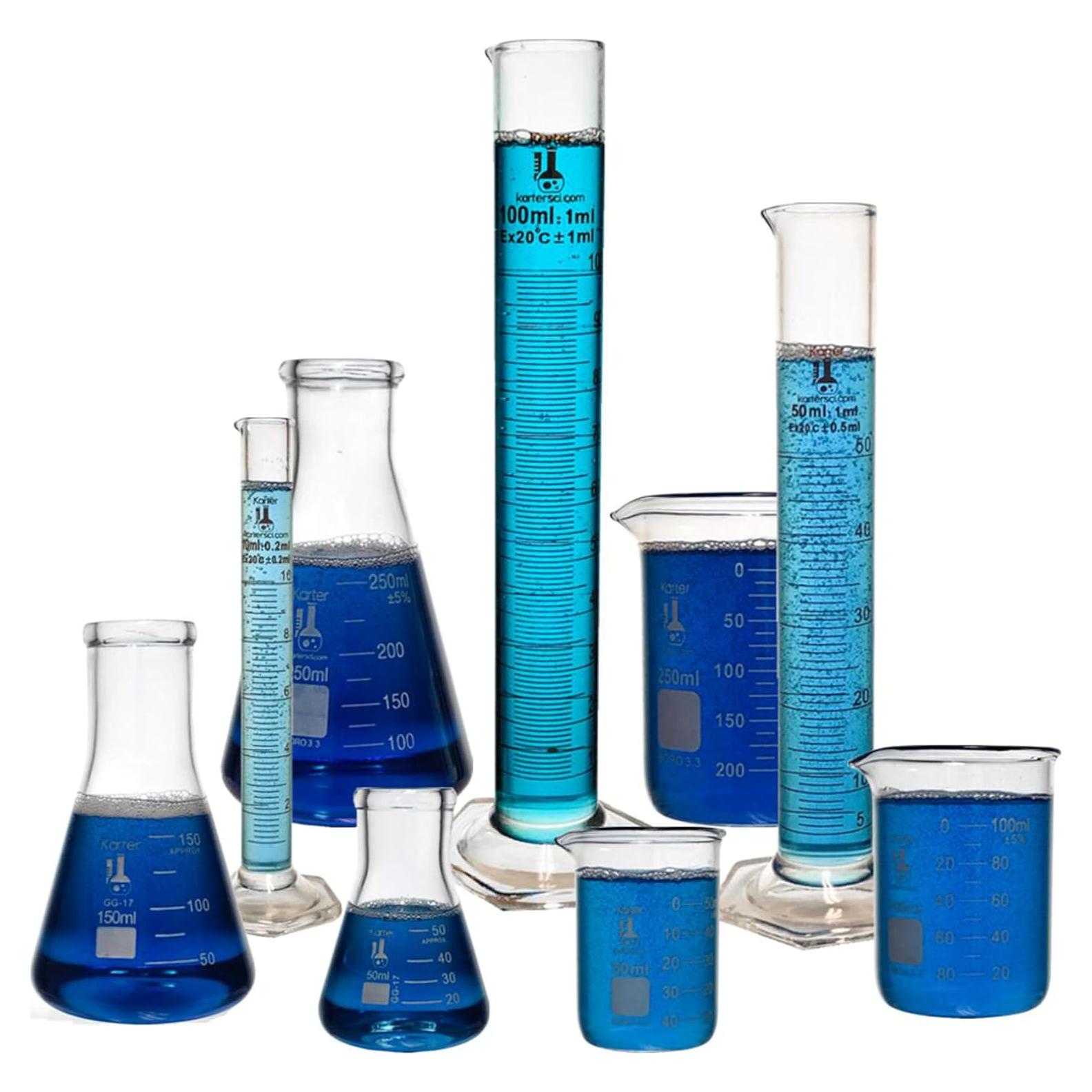 Juego de vidrio Karter Scientific 9 piezas - Vaso, matraz y cilindro