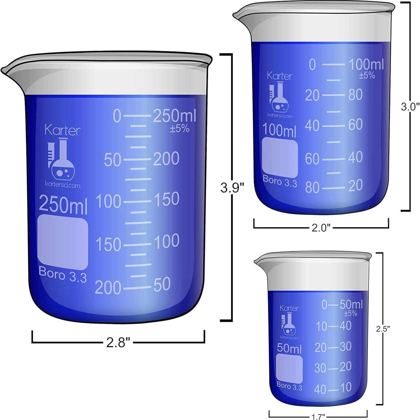 Juego de vidrio Karter Scientific 9 piezas - Vaso, matraz y cilindro