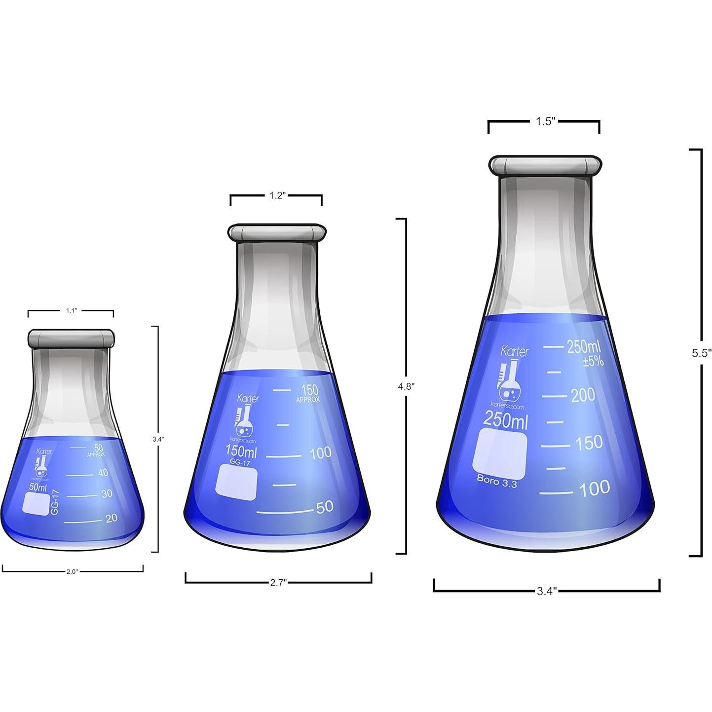 Juego de vidrio Karter Scientific 9 piezas - Vaso, matraz y cilindro