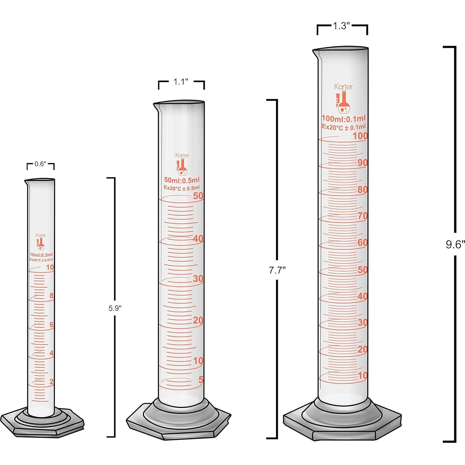 Juego de vidrio Karter Scientific 9 piezas - Vaso, matraz y cilindro