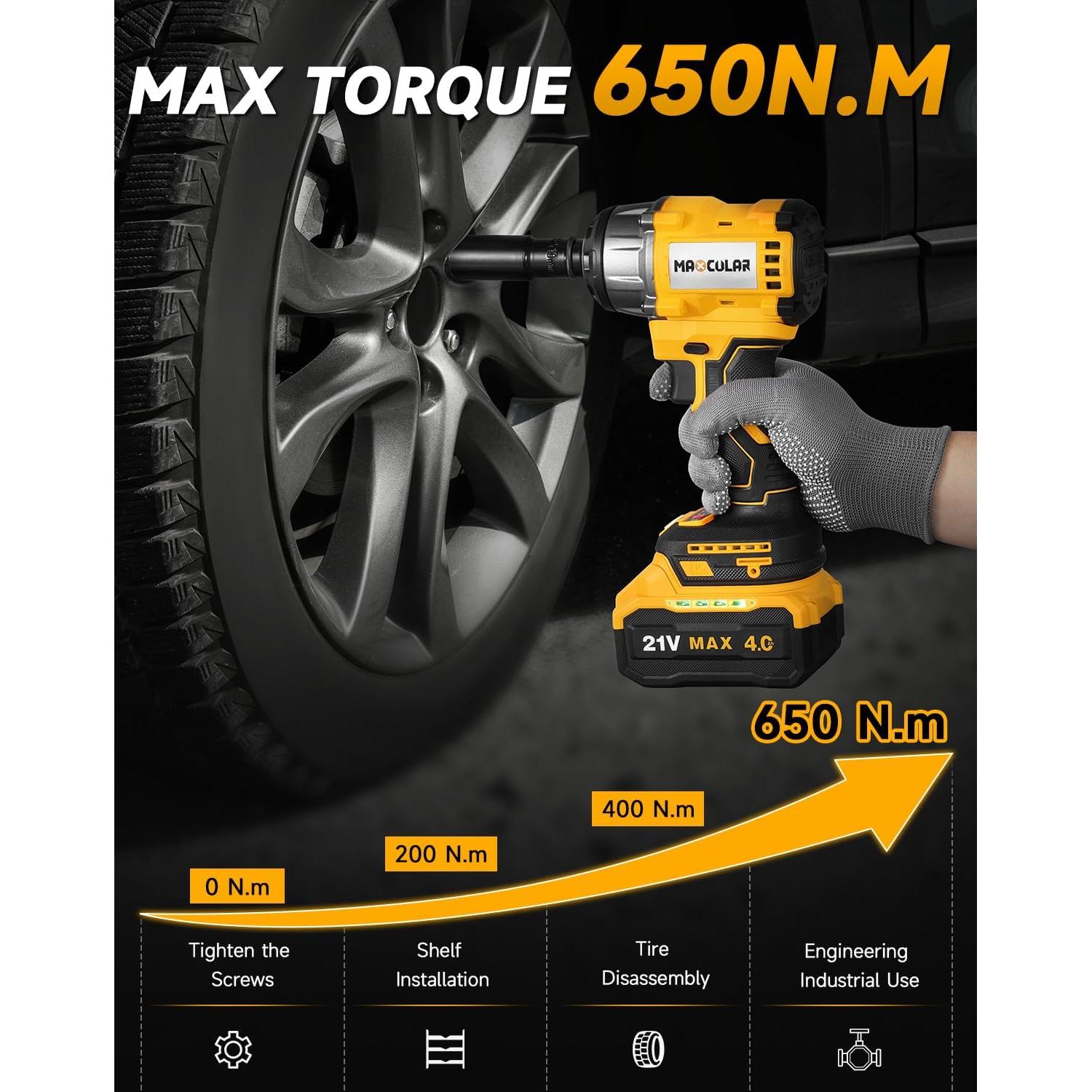 Cordless Impact Wrench 479Ft-lbs (650N.m) High Torque,1/2 inch Impact Gun,3200 RPM Brushless Power Impact Wrench with 4.0 Ah Battery,Electric Impact Driver for Car Home