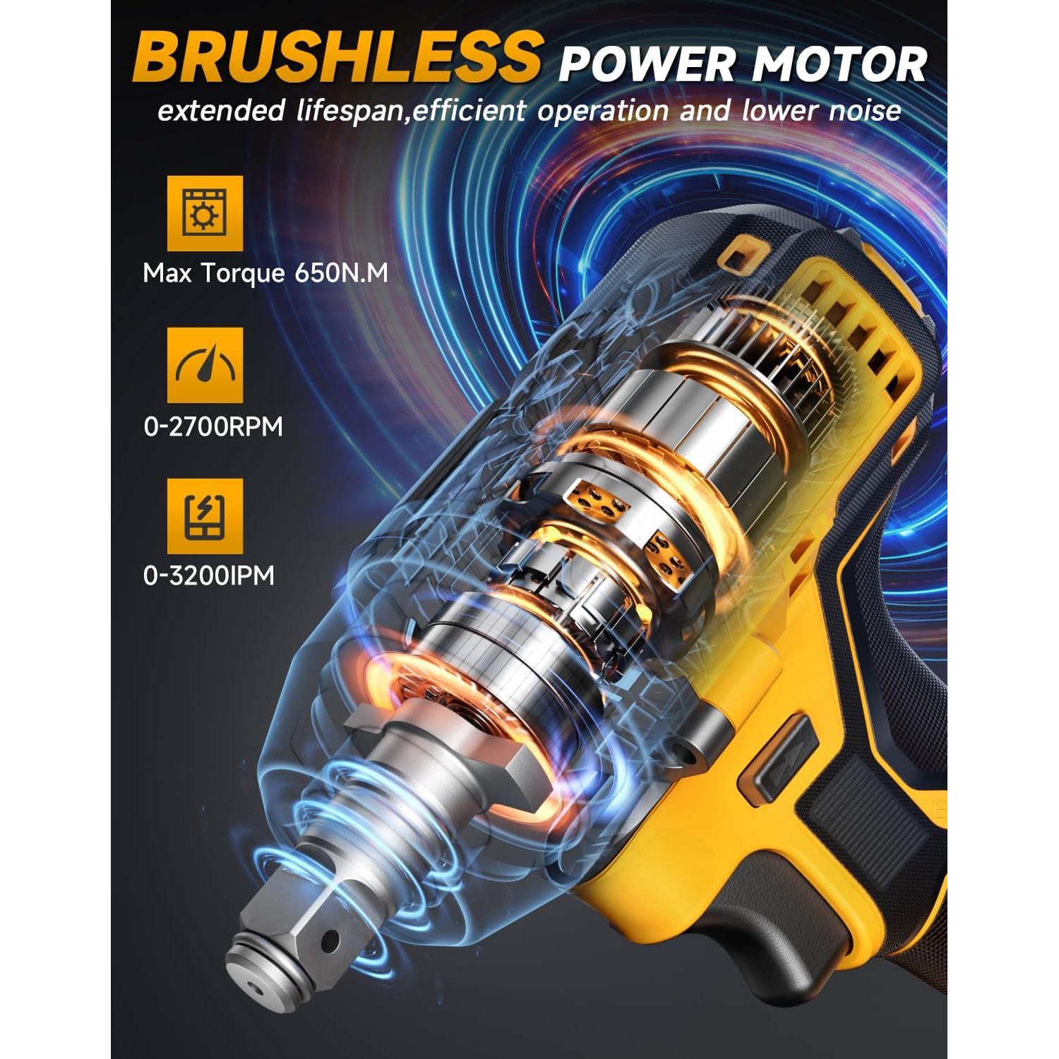 Cordless Impact Wrench 479Ft-lbs (650N.m) High Torque,1/2 inch Impact Gun,3200 RPM Brushless Power Impact Wrench with 4.0 Ah Battery,Electric Impact Driver for Car Home