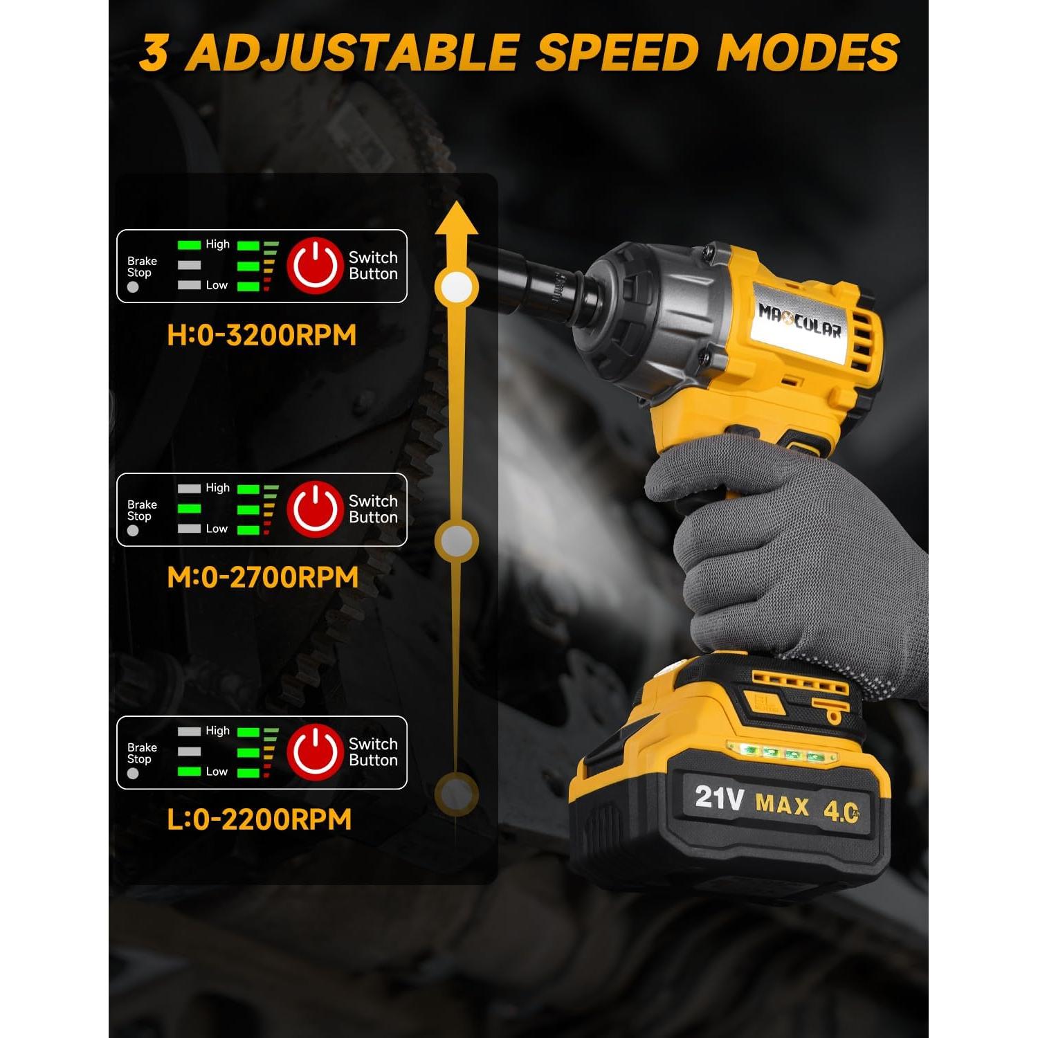 Cordless Impact Wrench 479Ft-lbs (650N.m) High Torque,1/2 inch Impact Gun,3200 RPM Brushless Power Impact Wrench with 4.0 Ah Battery,Electric Impact Driver for Car Home
