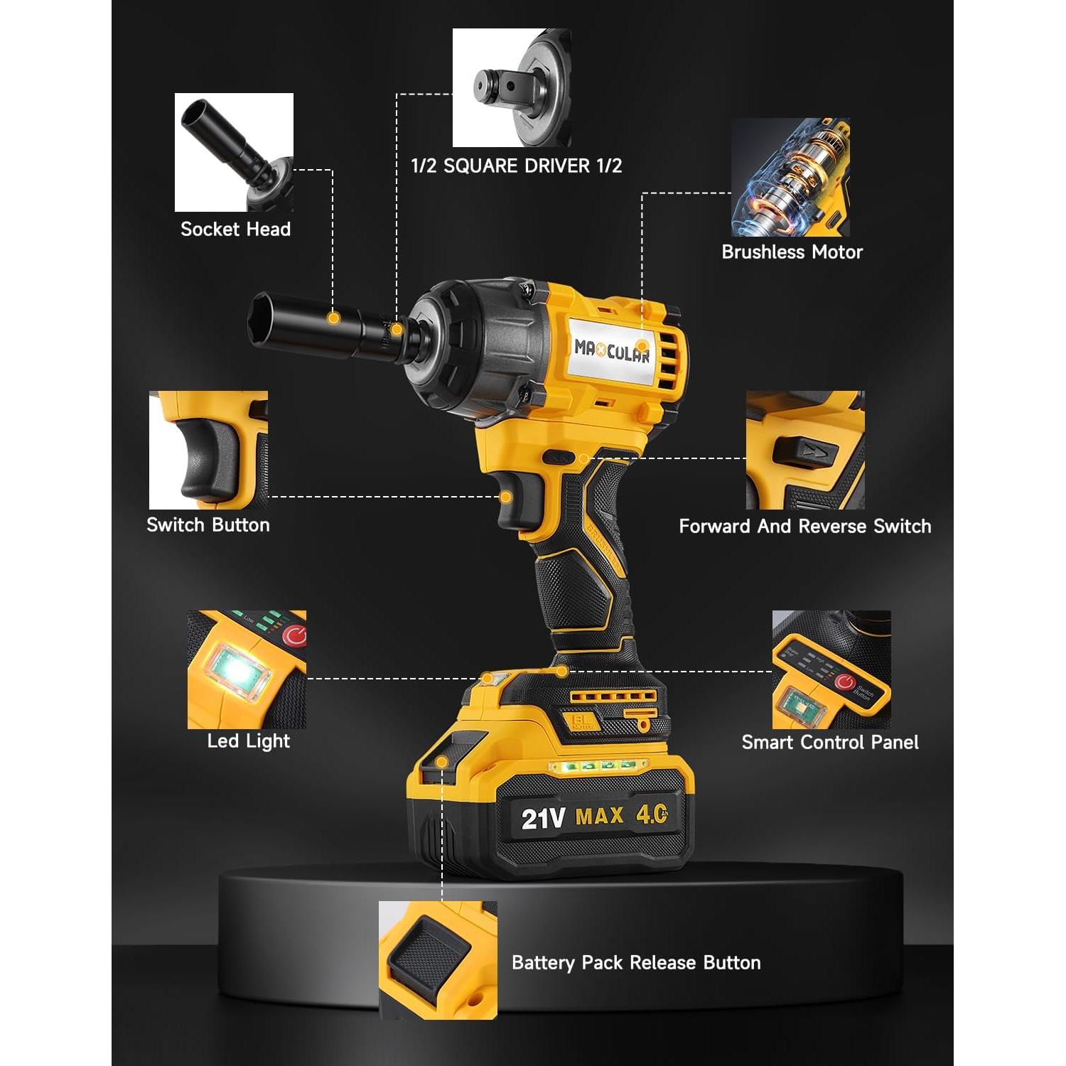 Cordless Impact Wrench 479Ft-lbs (650N.m) High Torque,1/2 inch Impact Gun,3200 RPM Brushless Power Impact Wrench with 4.0 Ah Battery,Electric Impact Driver for Car Home
