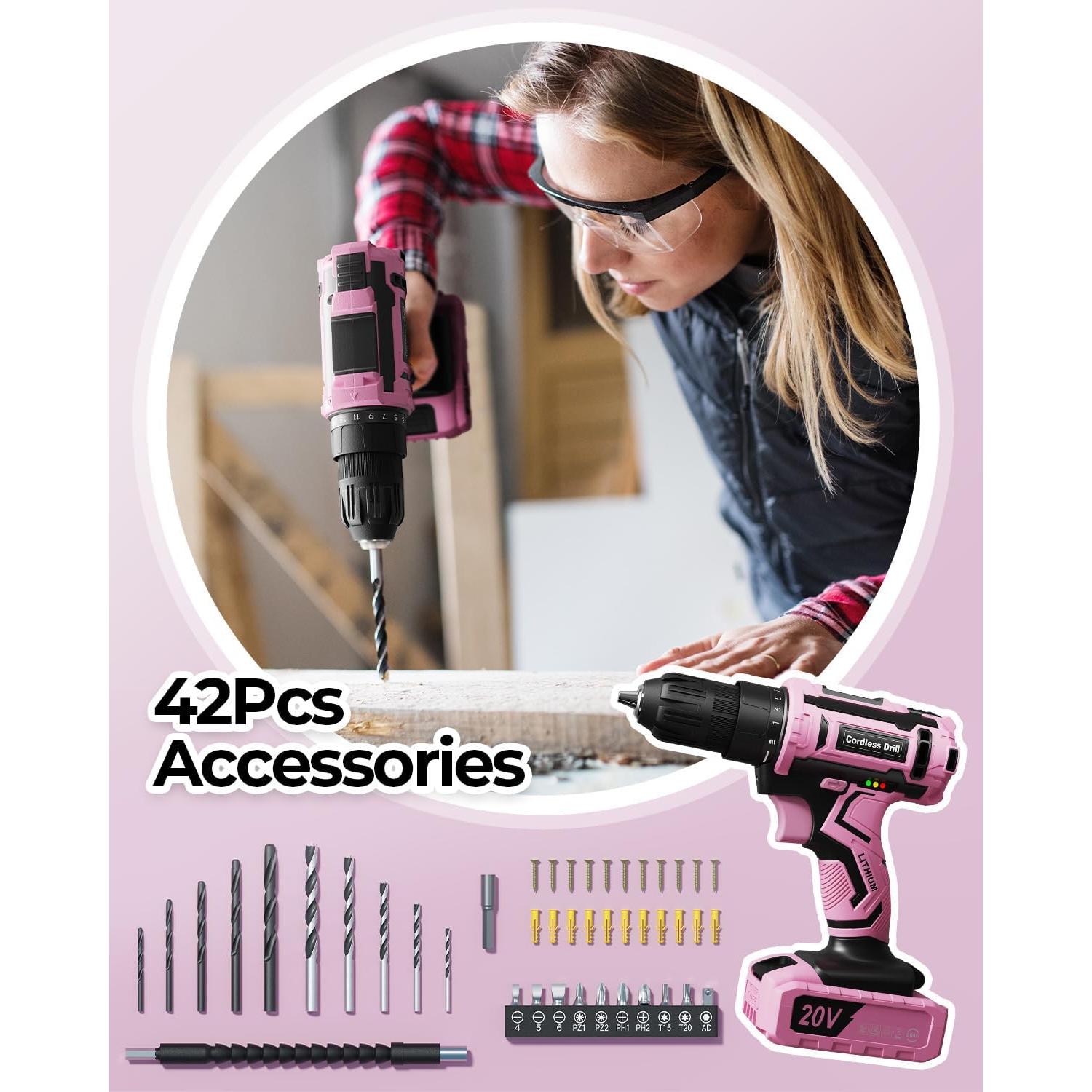 Taladro Inalámbrico VIWKO Rosa 20V con 42 Accesorios