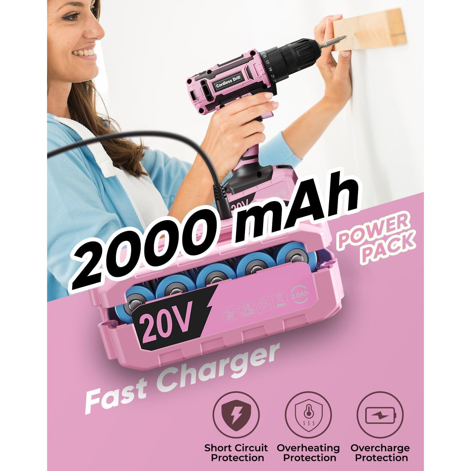 Taladro Inalámbrico VIWKO Rosa 20V con 42 Accesorios