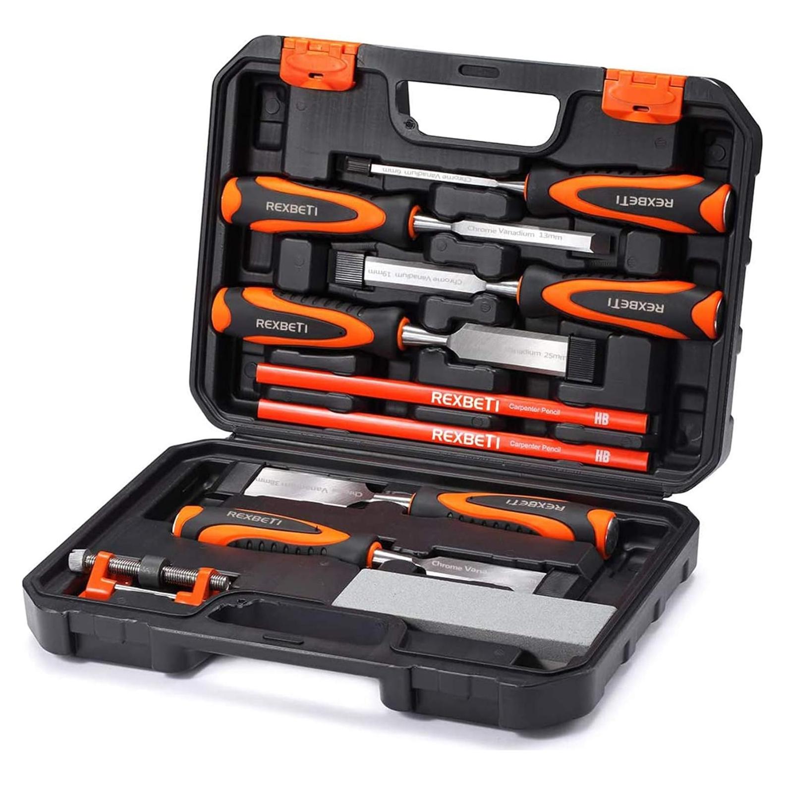 Juego de Cinceles de Madera REXBETI 10 Piezas con Afilador