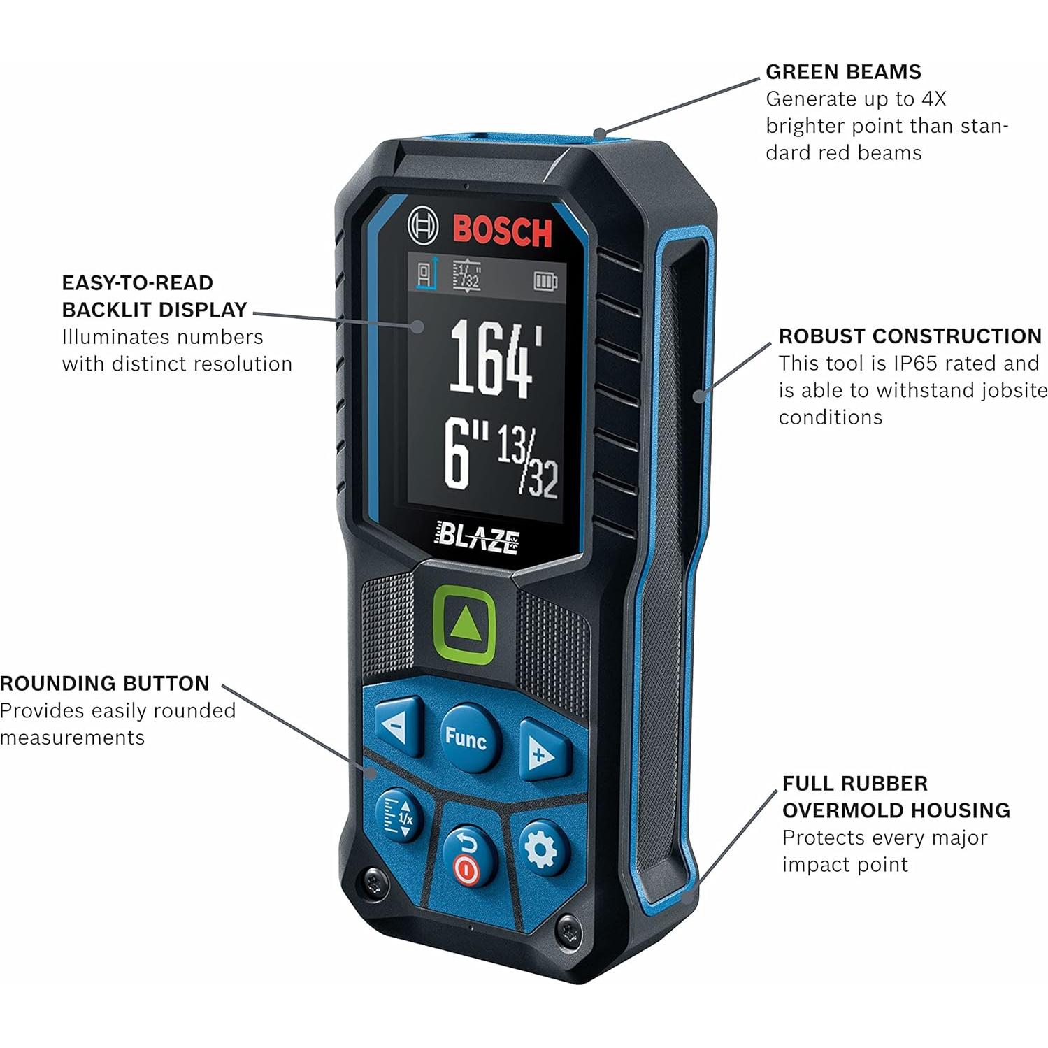 BOSCH GLM165-25G 165 Ft Blaze Green-Beam Laser Distance Measure, Includes 2 AA Batteries, Belt Clip, & Pouch