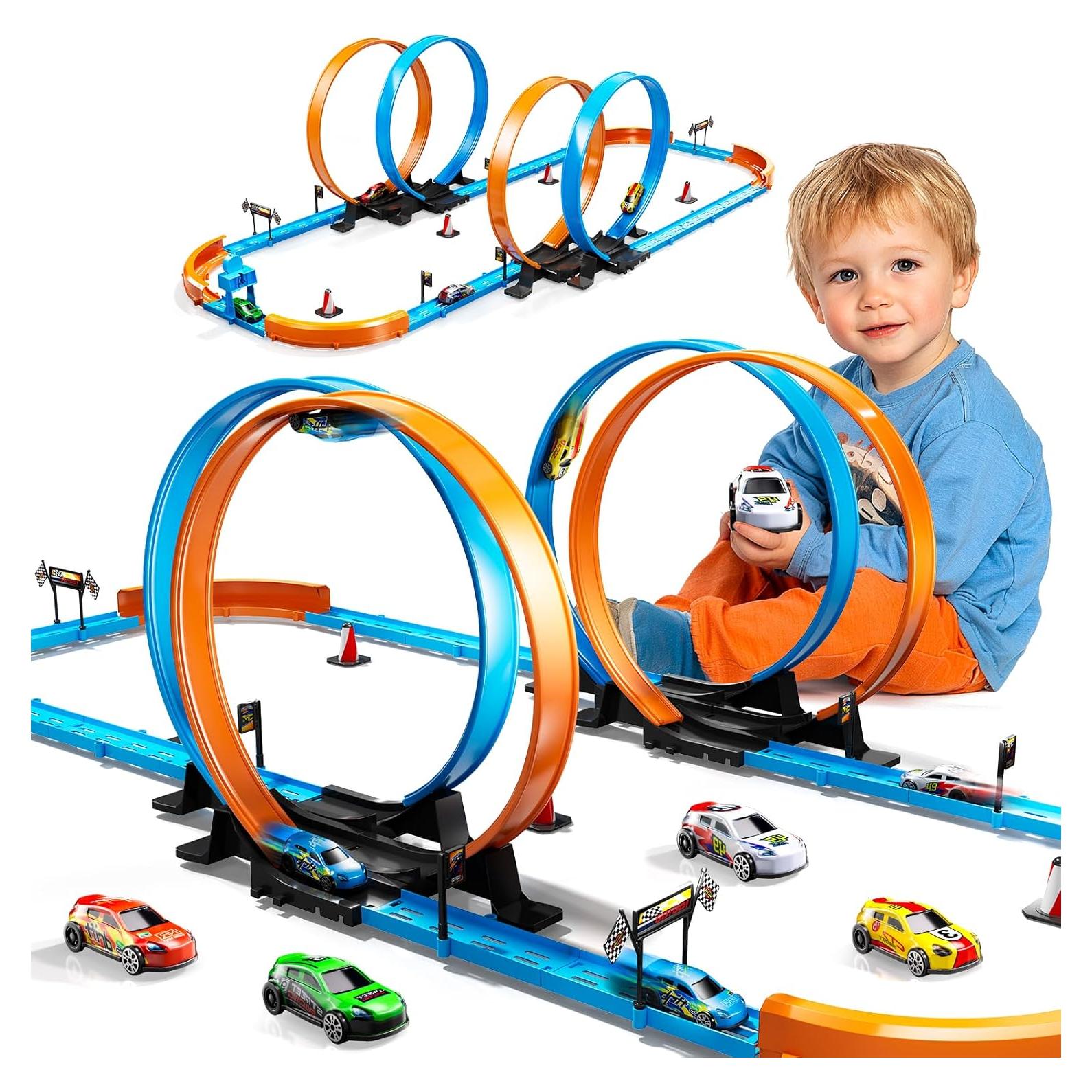 Toy Car Race Track Set for Boys Kids Age 3-5 4-7, Race Tracks with 4 Crash Zones and 1:64 Scale High-Speed Slot Cars, Christmas Halloween Birthday Gifts Toys for Toddlers Boys 4-8 8-12 Years