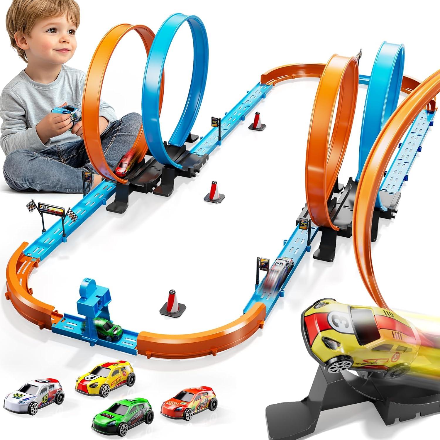 Toy Car Race Track Set for Boys Kids Age 3-5 4-7, Race Tracks with 4 Crash Zones and 1:64 Scale High-Speed Slot Cars, Christmas Halloween Birthday Gifts Toys for Toddlers Boys 4-8 8-12 Years