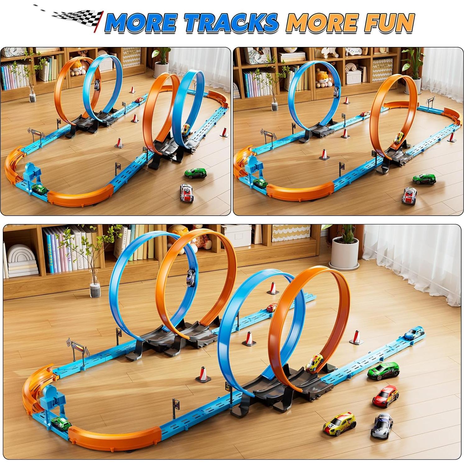 Toy Car Race Track Set for Boys Kids Age 3-5 4-7, Race Tracks with 4 Crash Zones and 1:64 Scale High-Speed Slot Cars, Christmas Halloween Birthday Gifts Toys for Toddlers Boys 4-8 8-12 Years