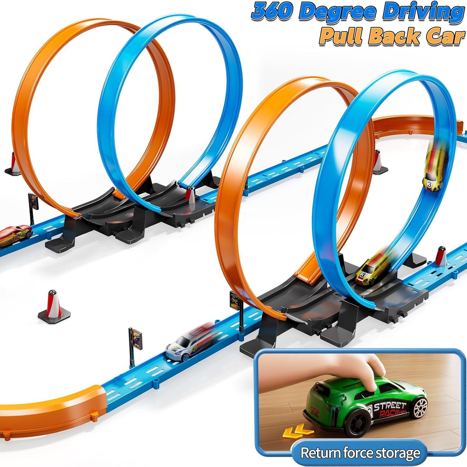Toy Car Race Track Set for Boys Kids Age 3-5 4-7, Race Tracks with 4 Crash Zones and 1:64 Scale High-Speed Slot Cars, Christmas Halloween Birthday Gifts Toys for Toddlers Boys 4-8 8-12 Years