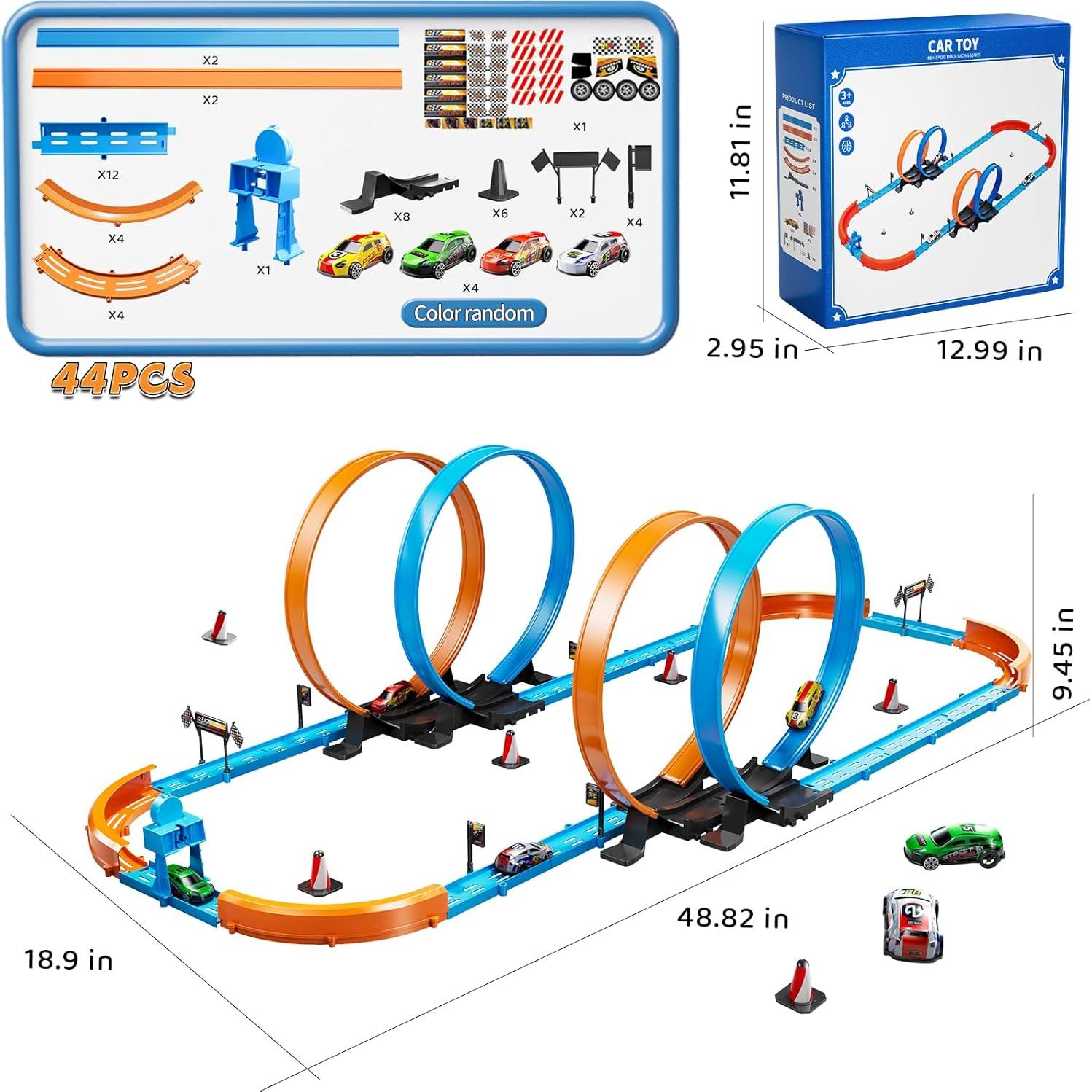 Toy Car Race Track Set for Boys Kids Age 3-5 4-7, Race Tracks with 4 Crash Zones and 1:64 Scale High-Speed Slot Cars, Christmas Halloween Birthday Gifts Toys for Toddlers Boys 4-8 8-12 Years