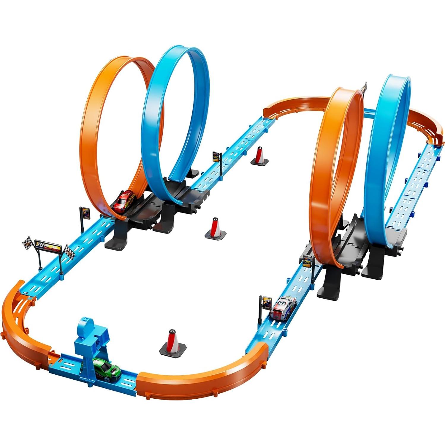 Toy Car Race Track Set for Boys Kids Age 3-5 4-7, Race Tracks with 4 Crash Zones and 1:64 Scale High-Speed Slot Cars, Christmas Halloween Birthday Gifts Toys for Toddlers Boys 4-8 8-12 Years