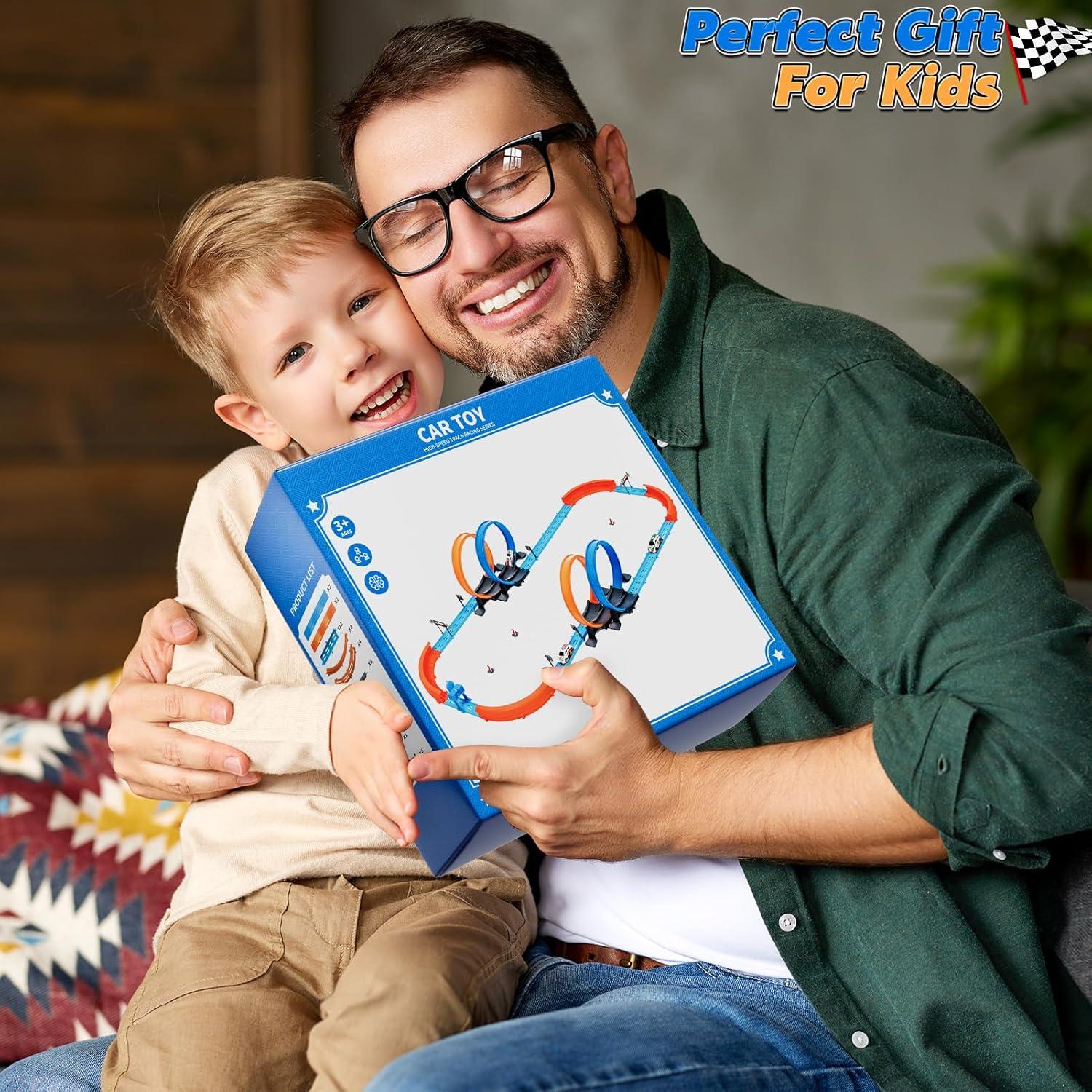 Toy Car Race Track Set for Boys Kids Age 3-5 4-7, Race Tracks with 4 Crash Zones and 1:64 Scale High-Speed Slot Cars, Christmas Halloween Birthday Gifts Toys for Toddlers Boys 4-8 8-12 Years