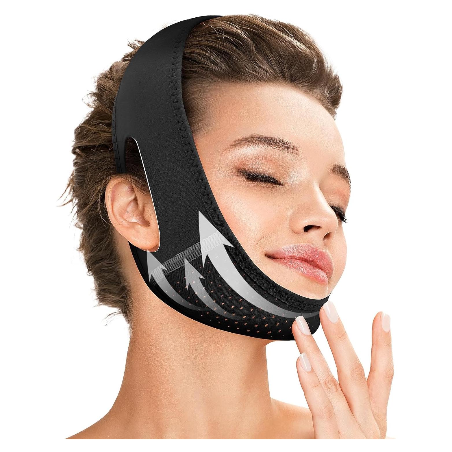 Reusable V Line Lifting Mask with Chin Strap for Sleeping,Face Lift Prevent Sagging, Jaw Exerciser,Black,M