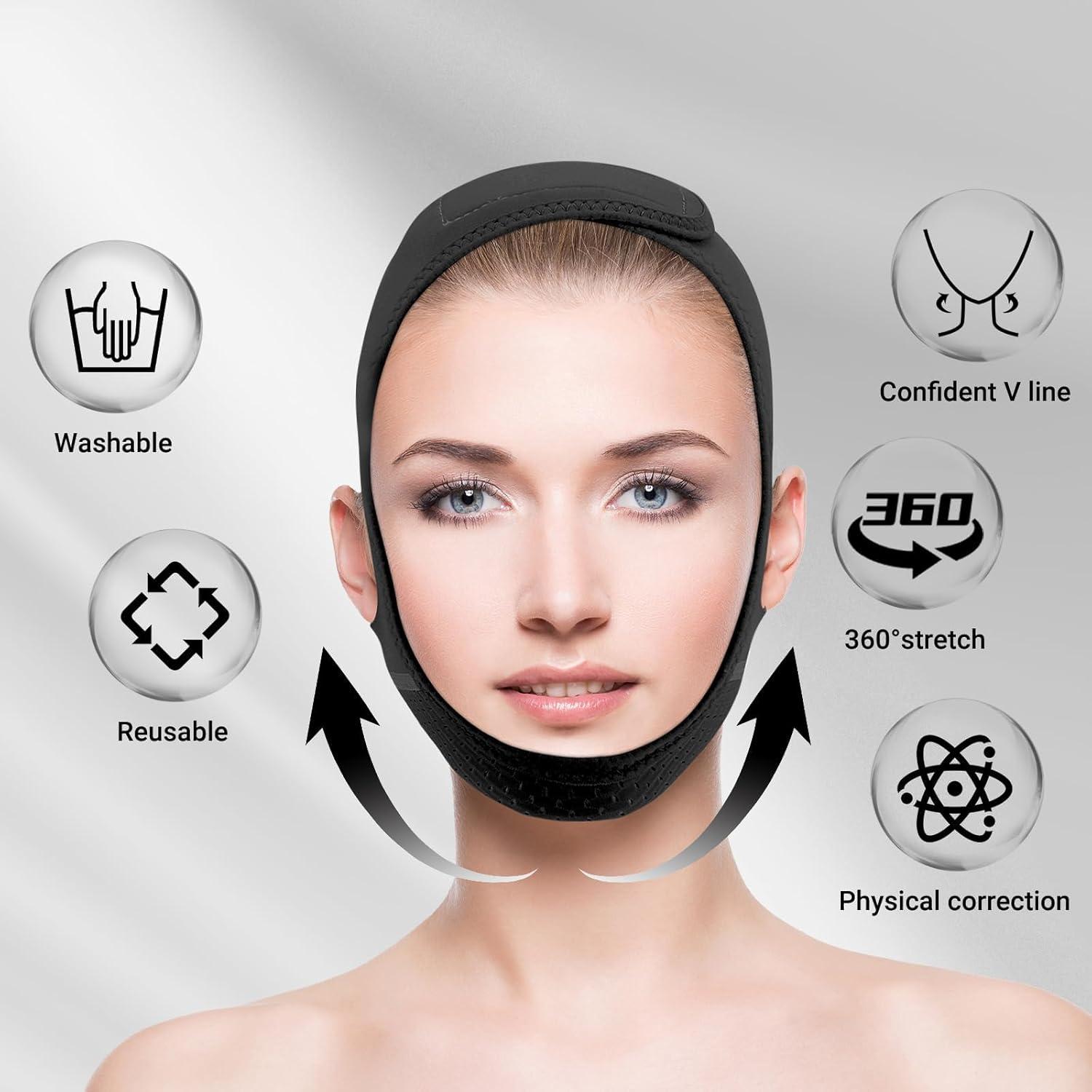 Reusable V Line Lifting Mask with Chin Strap for Sleeping,Face Lift Prevent Sagging, Jaw Exerciser,Black,M
