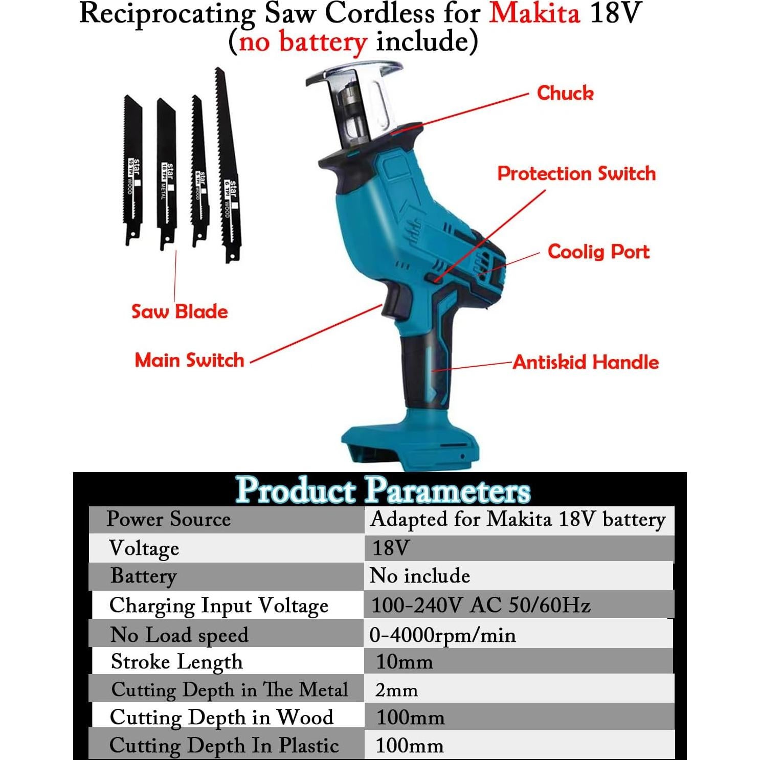 Sierra Recíproca Inalámbrica Genérico 18V Makita, 3000 RPM