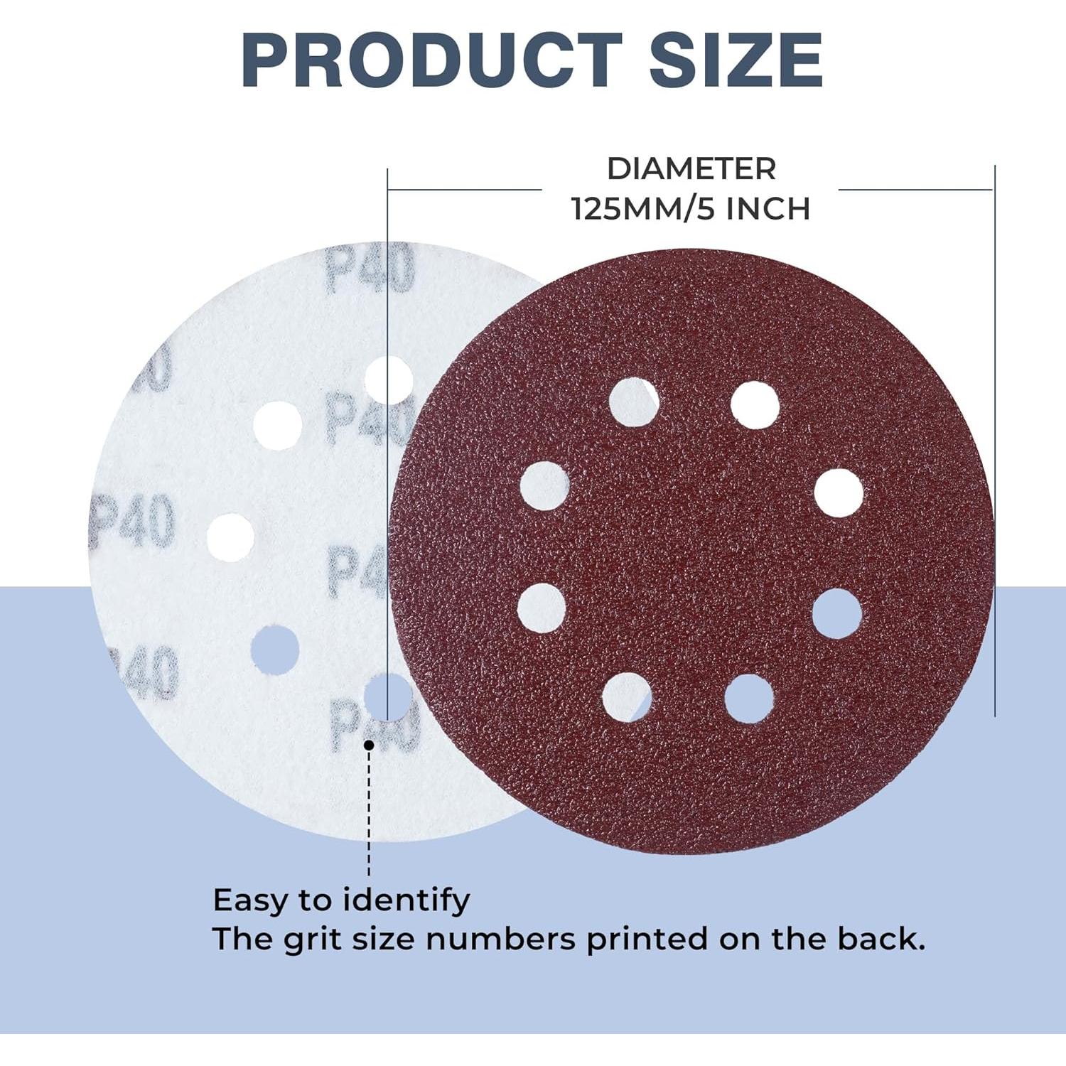 MIDO Professioanl Abrasive Sanding Discs 110 PCS Sandpaper 5 Inch 8 Hole Sanding Pads 40 Grit Sanding Disc Hook and Loop Round Orbital Sander Pads for Sanding