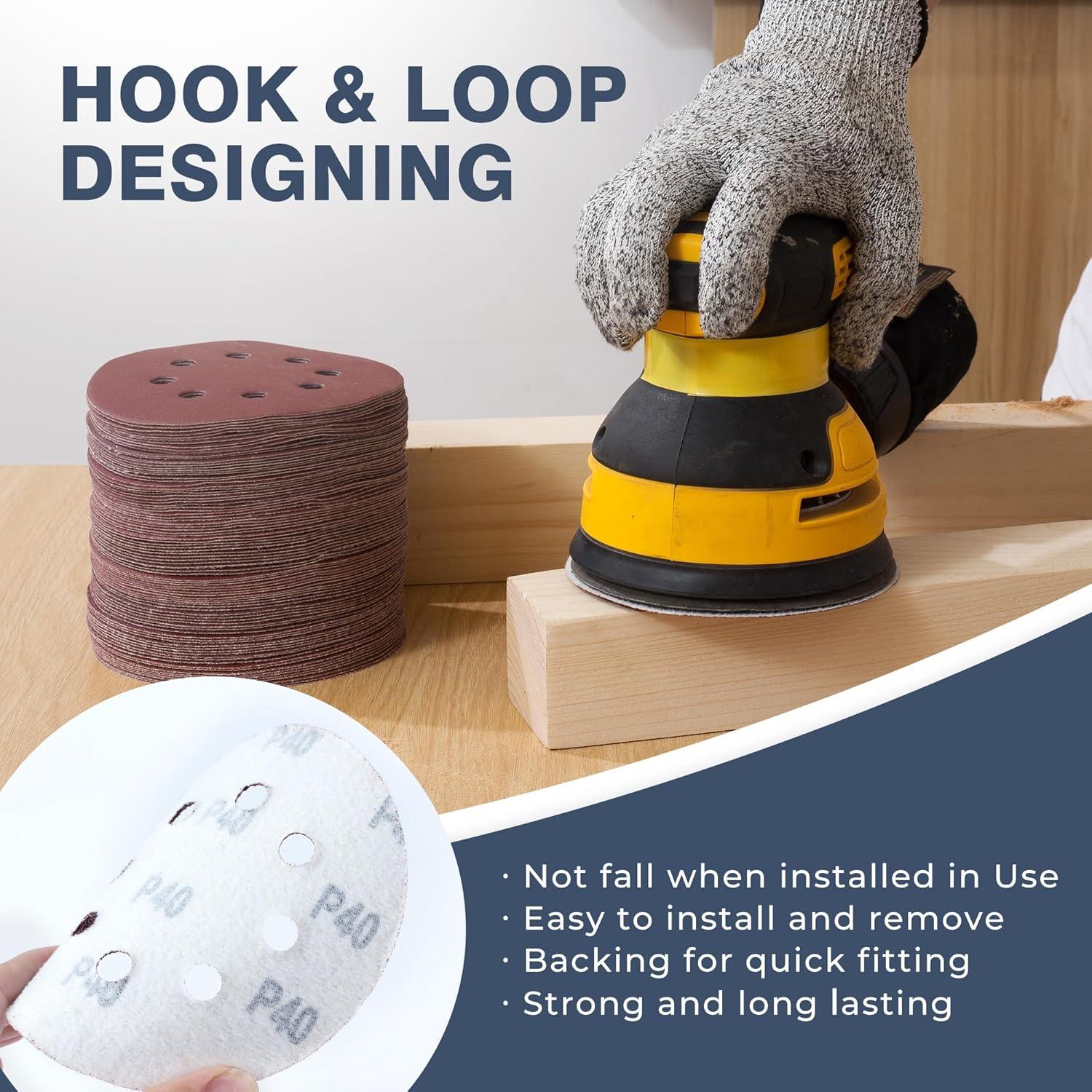 MIDO Professioanl Abrasive Sanding Discs 110 PCS Sandpaper 5 Inch 8 Hole Sanding Pads 40 Grit Sanding Disc Hook and Loop Round Orbital Sander Pads for Sanding