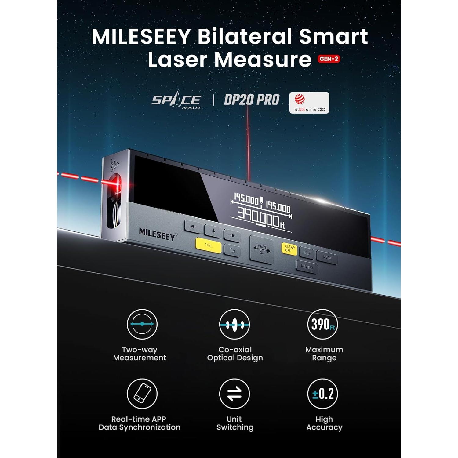 MiLESEEY DP20 Pro Dual Laser Measuring Tool, 390Ft Laser Measurement Tool with Middle Laser Reference, Rechargeable Laser Distance Measure with APP,Gen-2 Backlit Display Ft/in/M Units Laser Measure