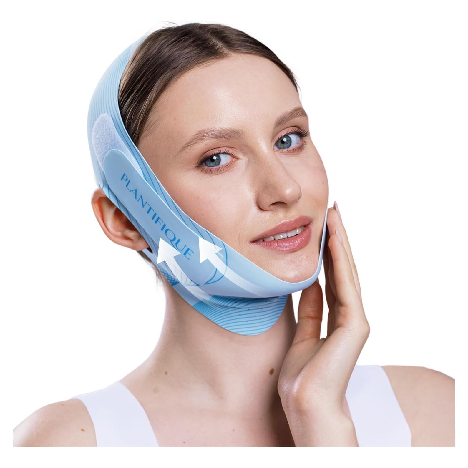 PLANTIFIQUE Chin Strap for Face Contouring - Reusable V Line Ice Silk Fabric Mask - Double Chin Shaping, Adjustable, Breathable Fabric - Jawline Shaper for Women & Men