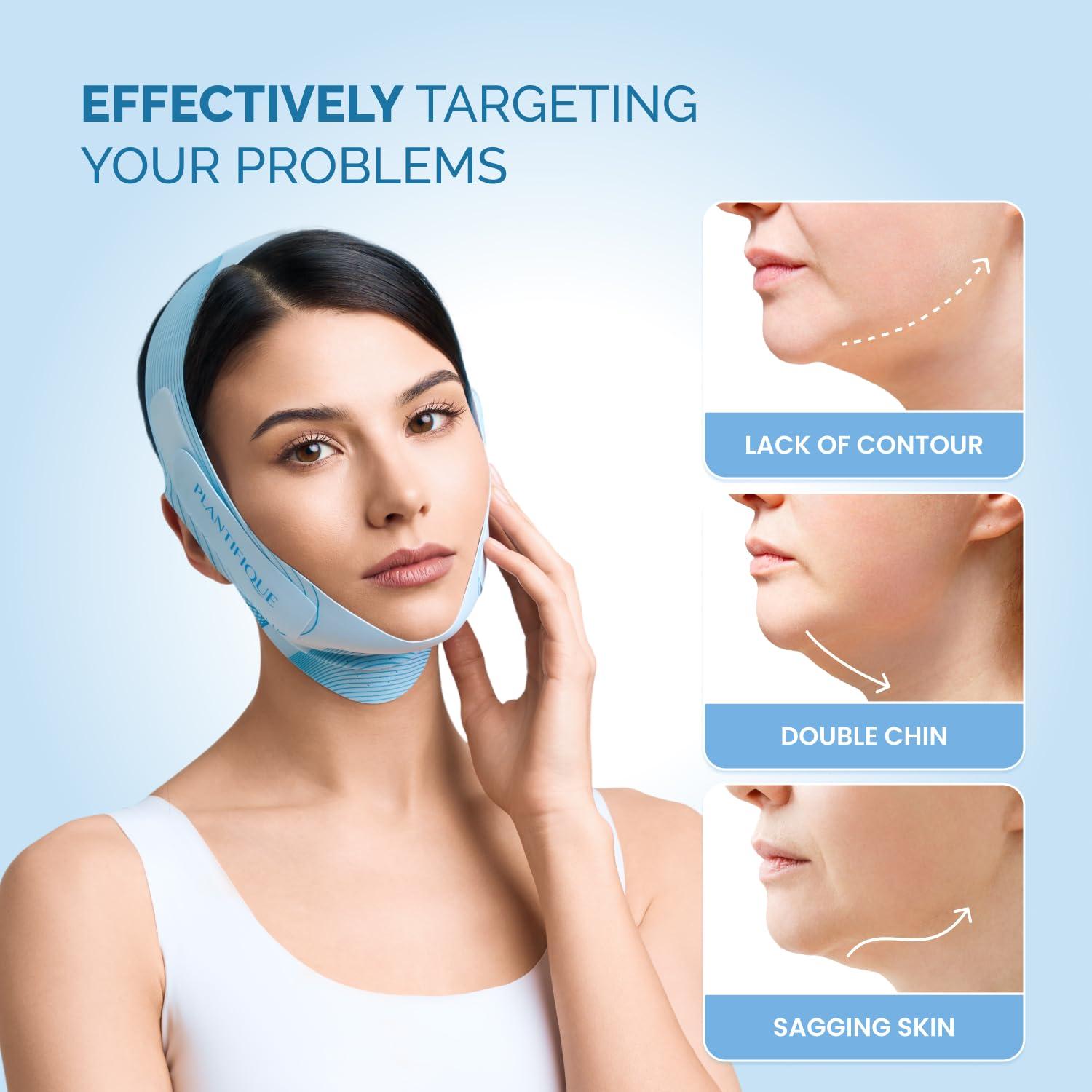 PLANTIFIQUE Chin Strap for Face Contouring - Reusable V Line Ice Silk Fabric Mask - Double Chin Shaping, Adjustable, Breathable Fabric - Jawline Shaper for Women & Men
