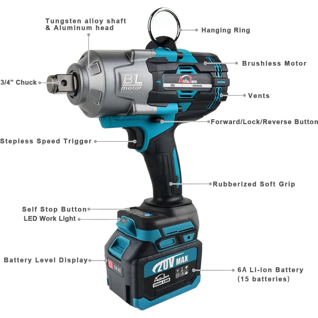 Llave de Impacto Inalámbrica AUTOJARE 3/4" 2000 N.m con 2 Baterías