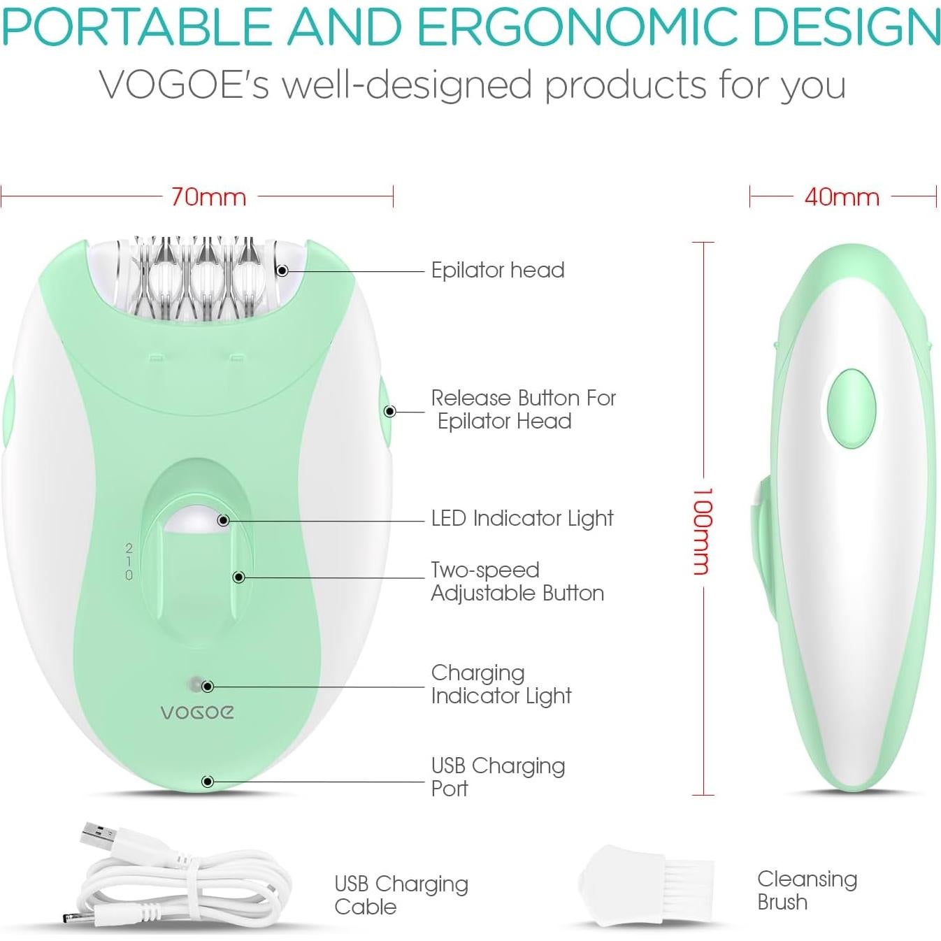 Epilador Inalámbrico VOGOE HR110 con Luz LED y 21 Pinzas