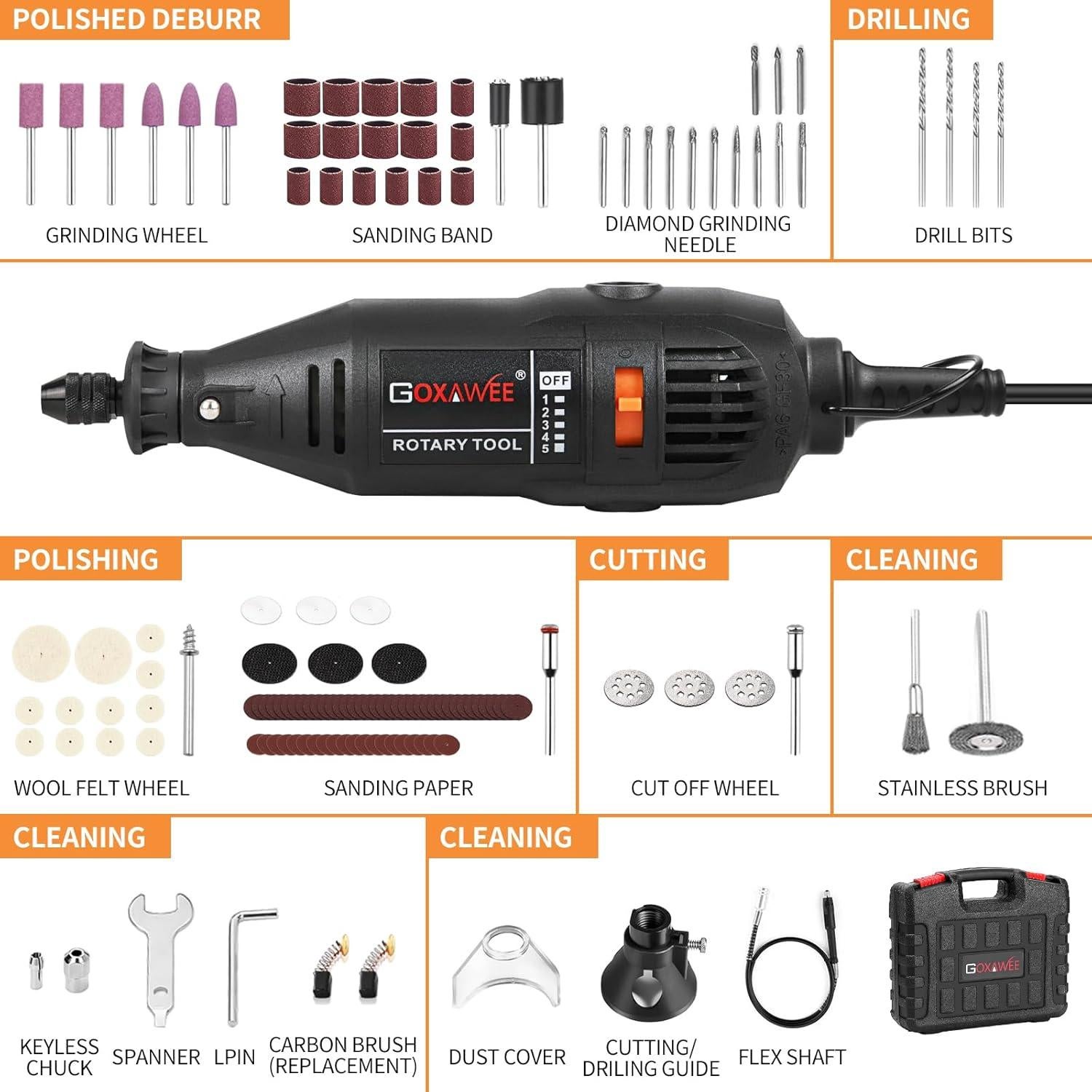 Kit de Herramientas Rotativas GOXAWEE G4007 - 140 Piezas, Velocidad Variable