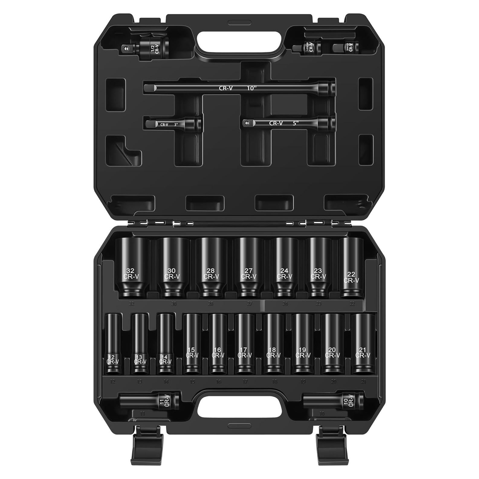 25-Piece 1/2" Drive Socket Set, Metric(10mm-32mm), Deep Sockets, Extension Bars, 1/2" F to 3/8" M Reducer,3/8" F to 1/2" M Reducer, Universal Joint, 6 Point Design, Cr-V