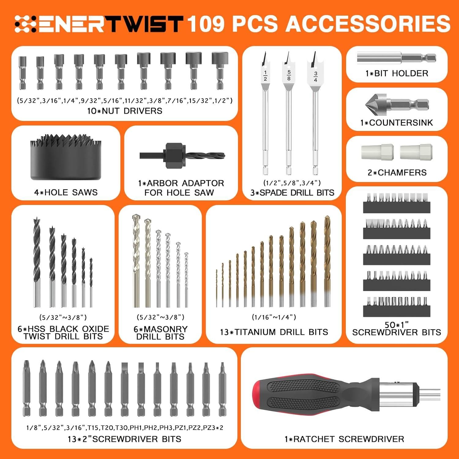 Juego de Brocas ENERTWIST 109 Piezas Titanio para Metal y Madera