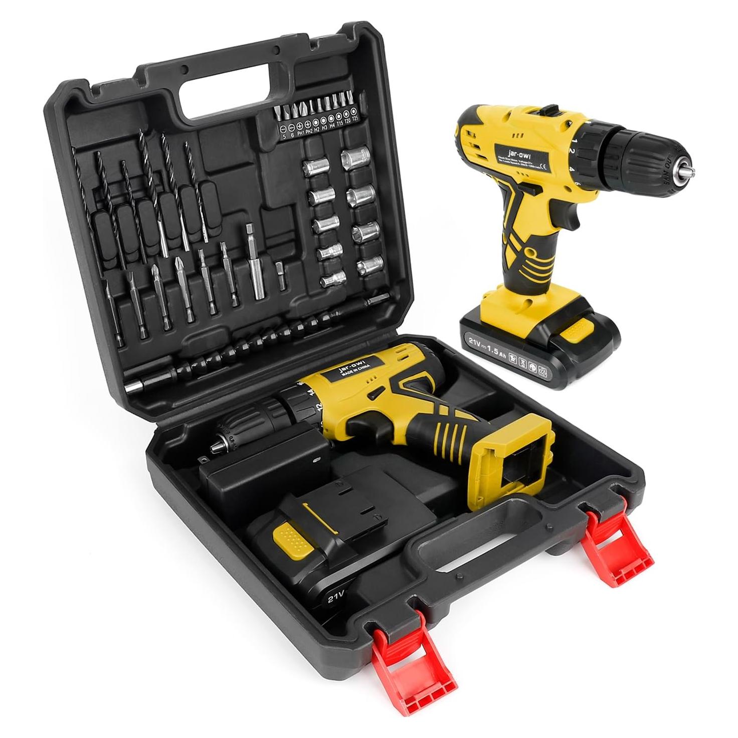 Taladro Inalámbrico 21V Jar-owl con 37 Piezas y Cargador