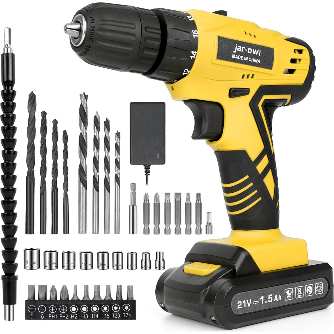 Taladro Inalámbrico 21V Jar-owl con 37 Piezas y Cargador