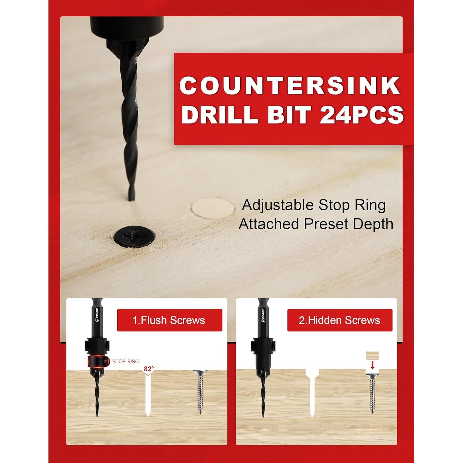 Juego de Brocas Avellanadoras EZARC 24 Piezas con Varillas de Madera