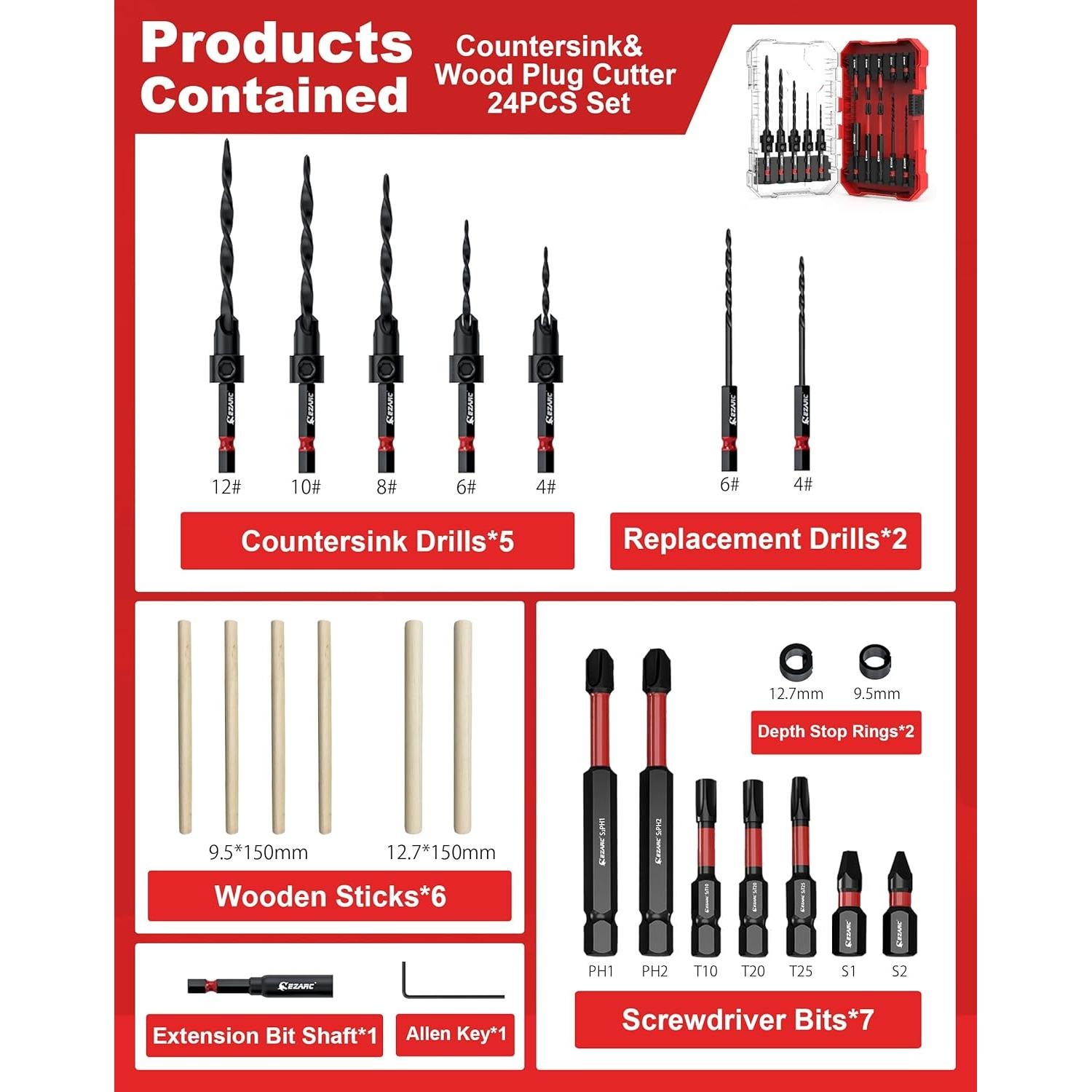 Juego de Brocas Avellanadoras EZARC 24 Piezas con Varillas de Madera