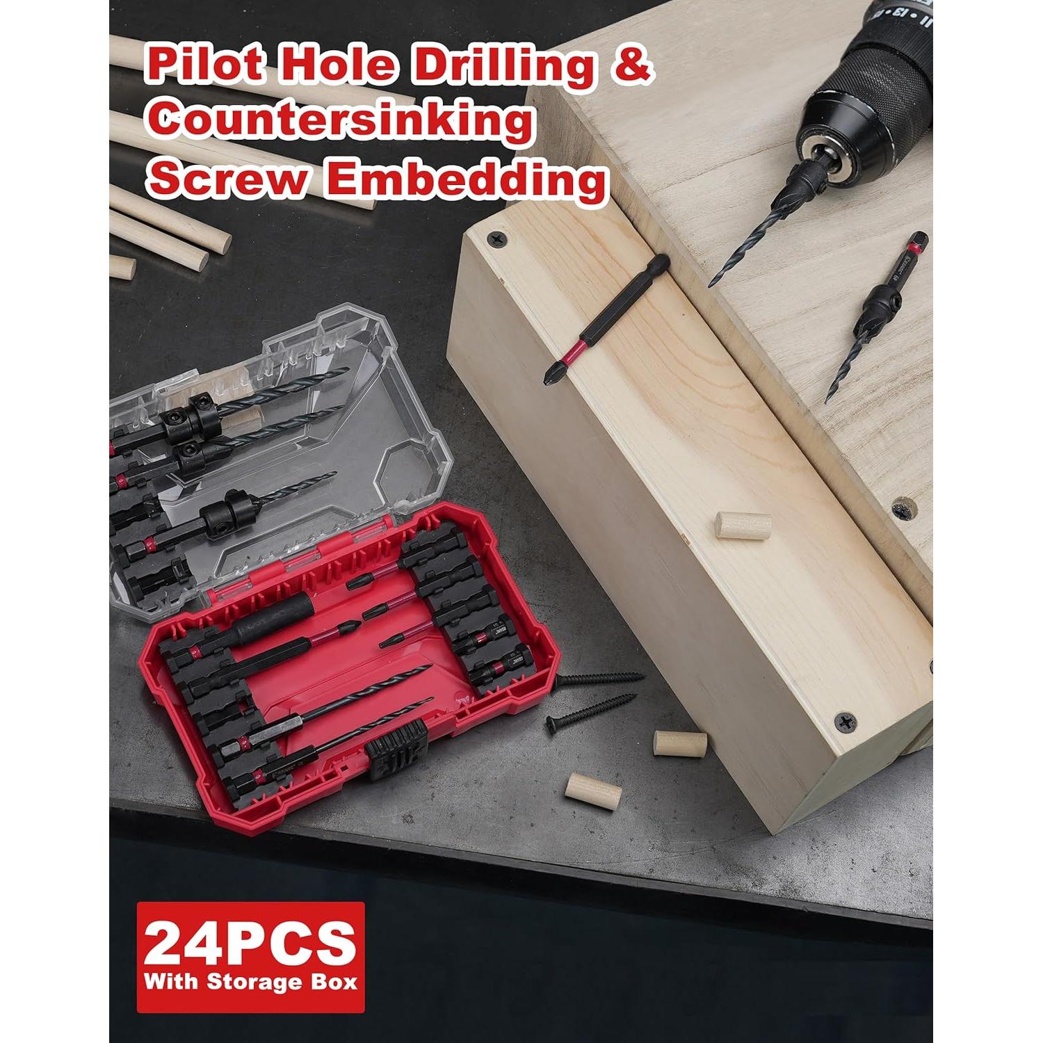 Juego de Brocas Avellanadoras EZARC 24 Piezas con Varillas de Madera