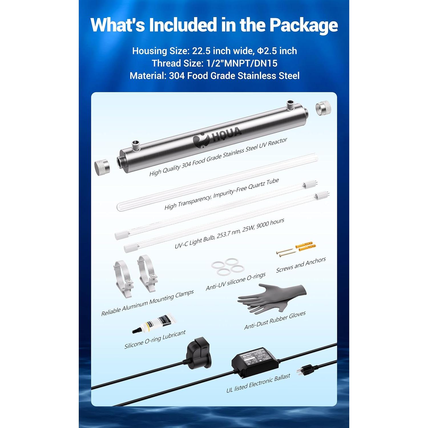 Filtro Purificador de Agua UV HQUA OWS-6 25W 6GPM con Tubo Extra