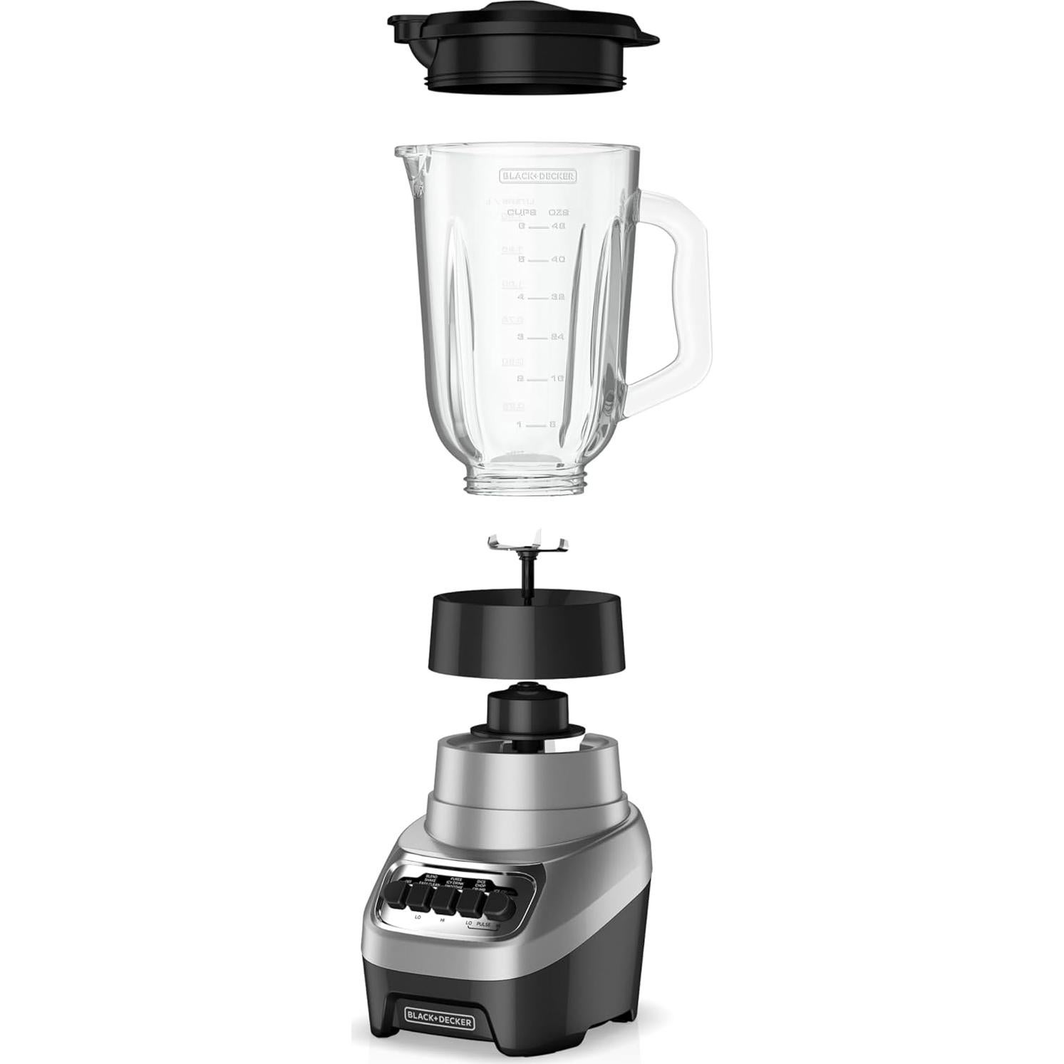 BLACK+DECKER PowerCrush Countertop Blender, 6-Cup Glass Jar, For Smoothies and More, Stainless Steel Blade, 4 Speed Settings to Puree, Crush Ice, Chop, Dice, and Pulse, Dishwasher Safe, 700W Motor