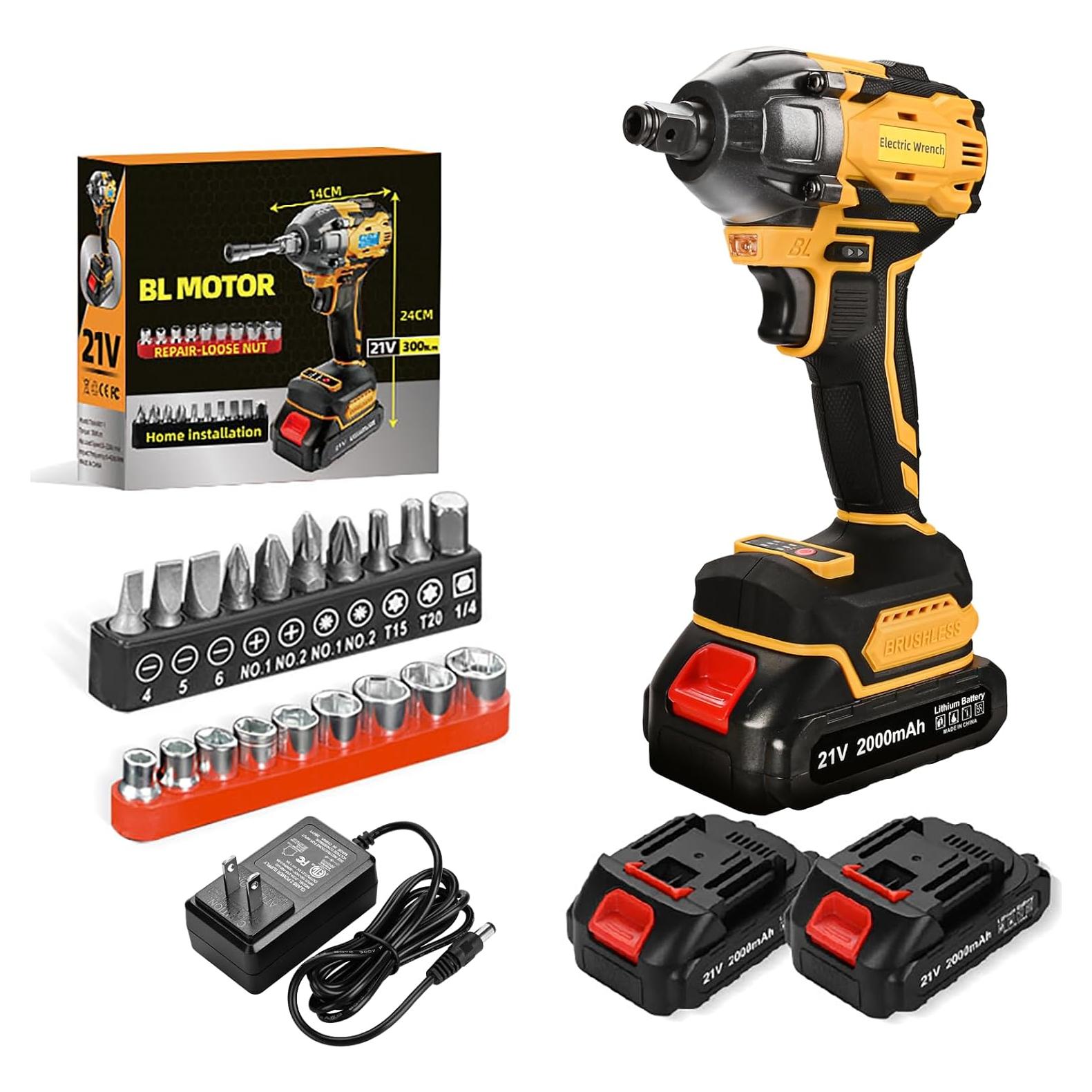 300N Cordless Impact Wrench, 21V Torque Power Driver, 1/2" Brushless Gun With 2*2.0Ah Batteries, 19 Accessories, Electric Motor Variable Speeds for Home Installation (Yellow)