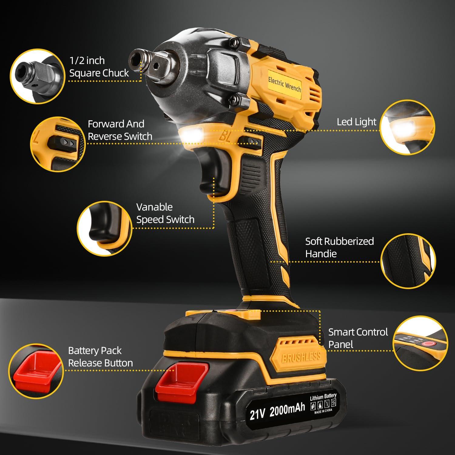300N Cordless Impact Wrench, 21V Torque Power Driver, 1/2" Brushless Gun With 2*2.0Ah Batteries, 19 Accessories, Electric Motor Variable Speeds for Home Installation (Yellow)