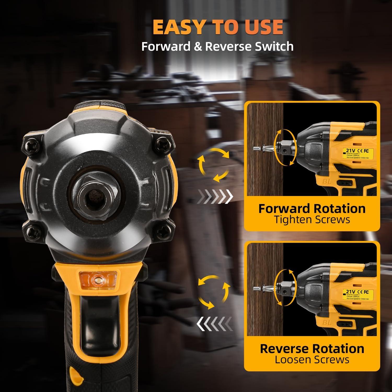 300N Cordless Impact Wrench, 21V Torque Power Driver, 1/2" Brushless Gun With 2*2.0Ah Batteries, 19 Accessories, Electric Motor Variable Speeds for Home Installation (Yellow)
